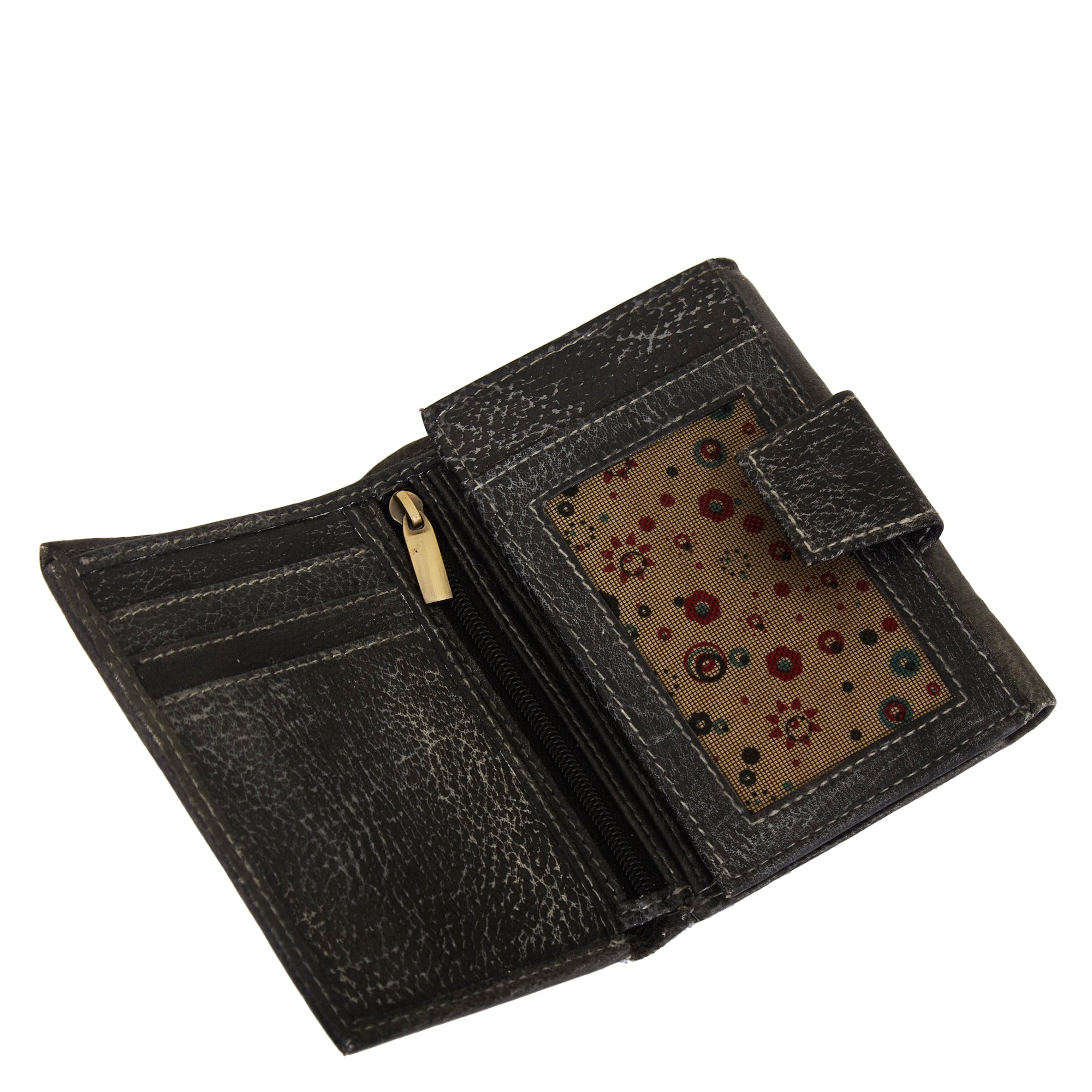 Hand-painted trifold wallet for women with a Black Lizard design