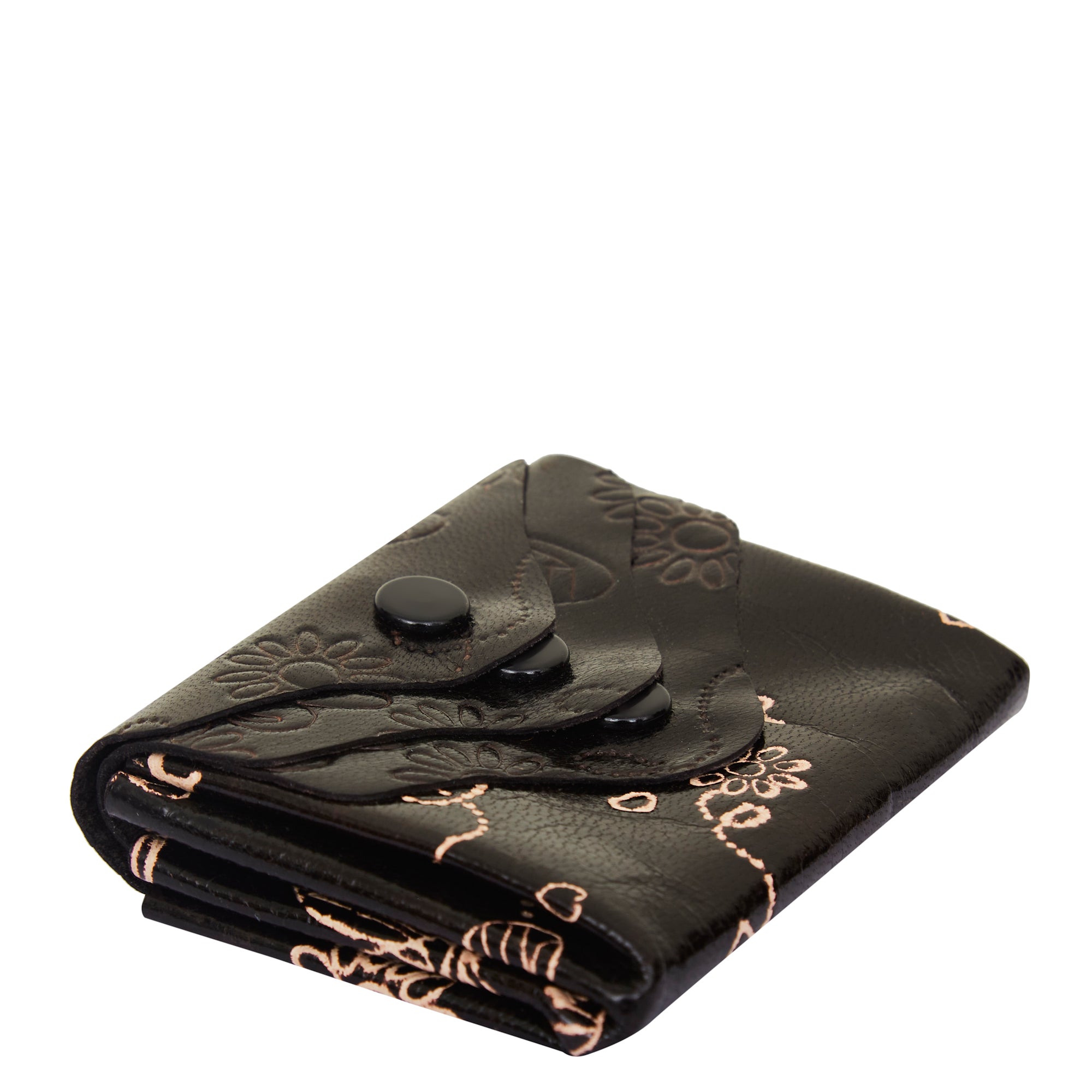 Hand-Painted Black Leather Purse with Three Button Charm