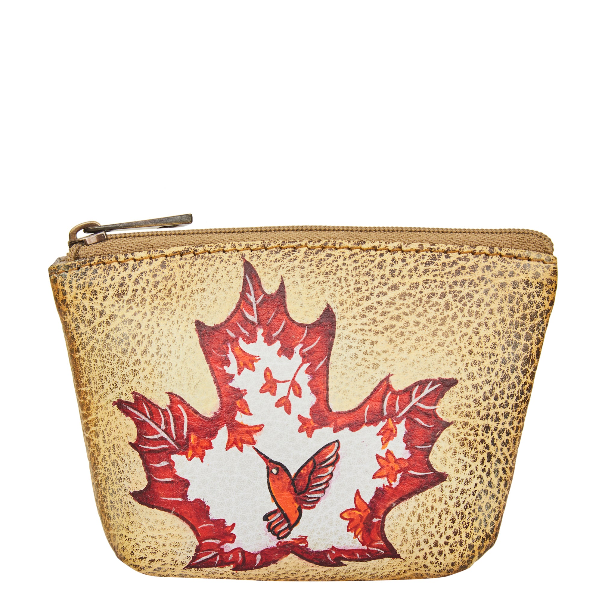 Leather coin pouch featuring a hand-painted Canadian design