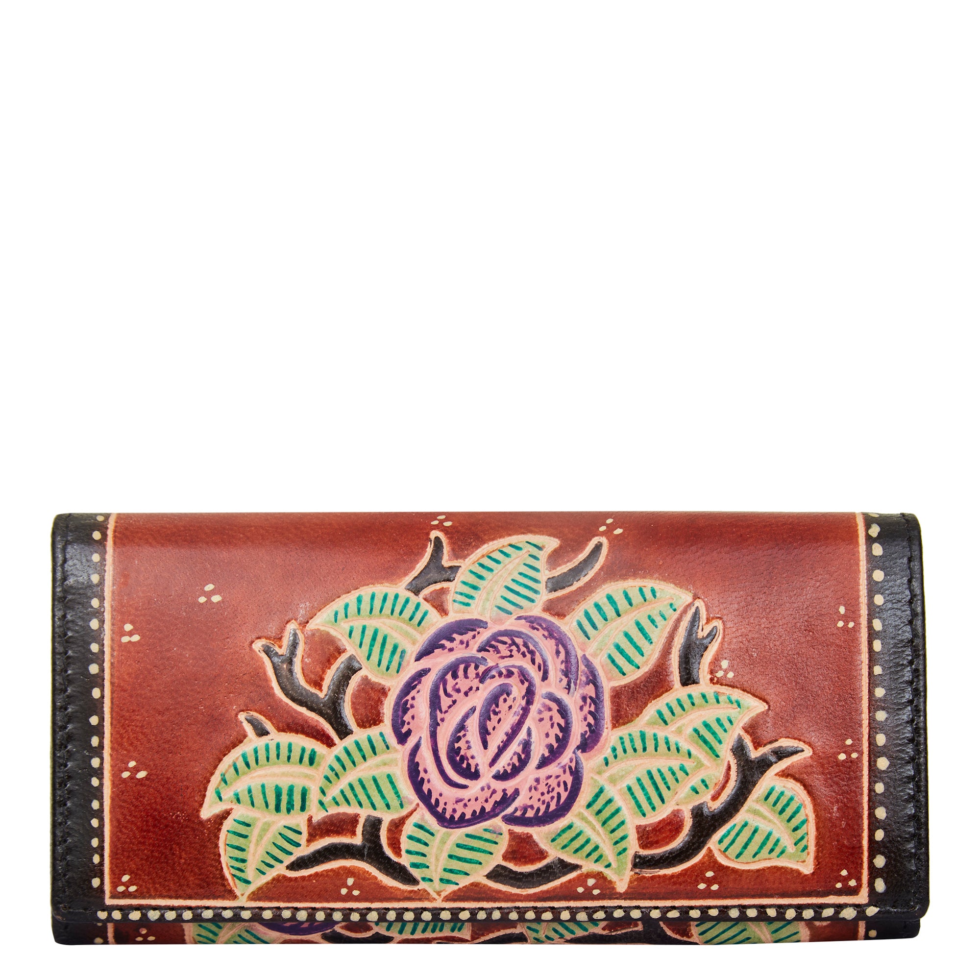 Hand-Painted Red Leather Wallet with Pink Flower Accent