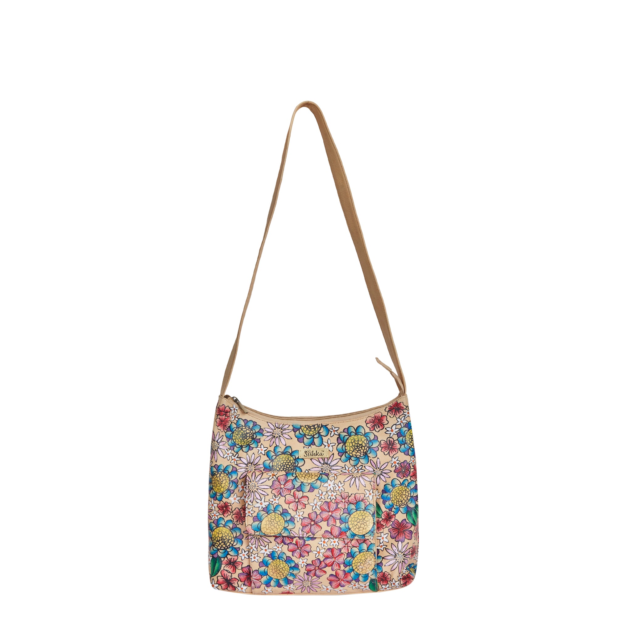 Elegant Leather Hobo Bag with Hand-Painted Floral Design