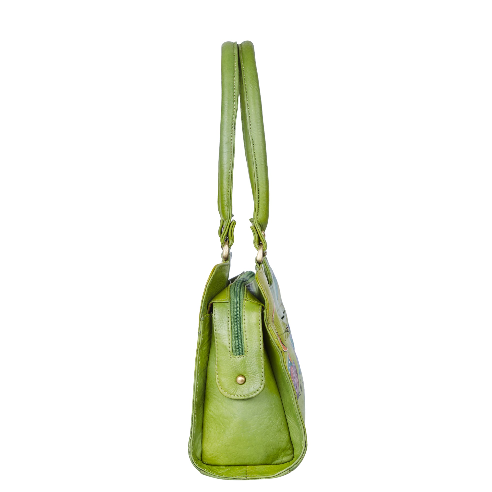 Emerald green floral design hand-painted on a stylish leather bag
