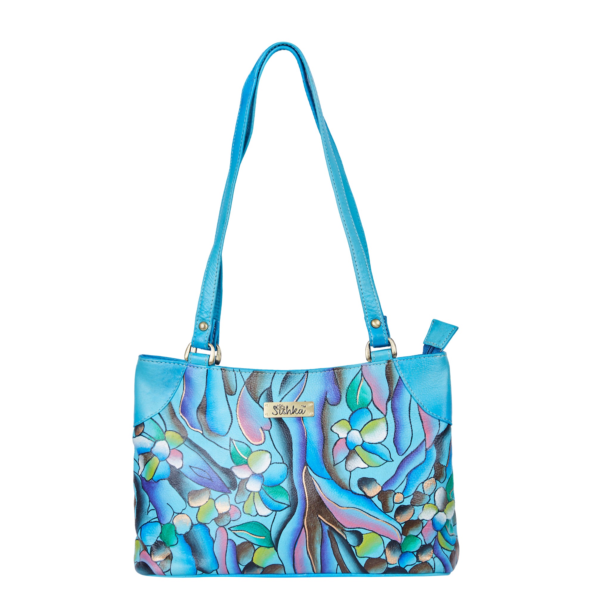 Original Handpainted Abstract Art Aqua Blue Leather Shoulder Bag