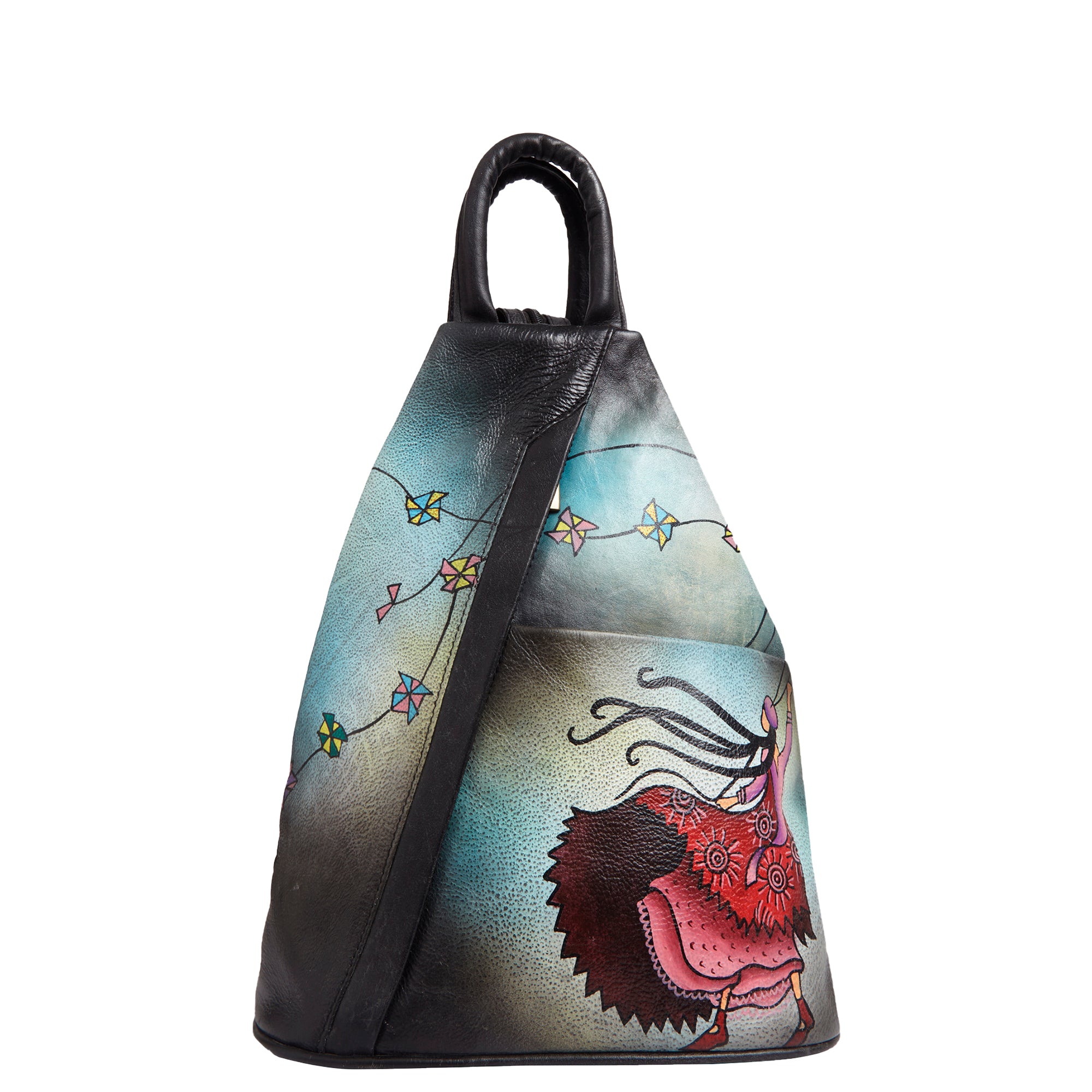 Hand-Painted Black Triangle Backpack with Convertible Straps