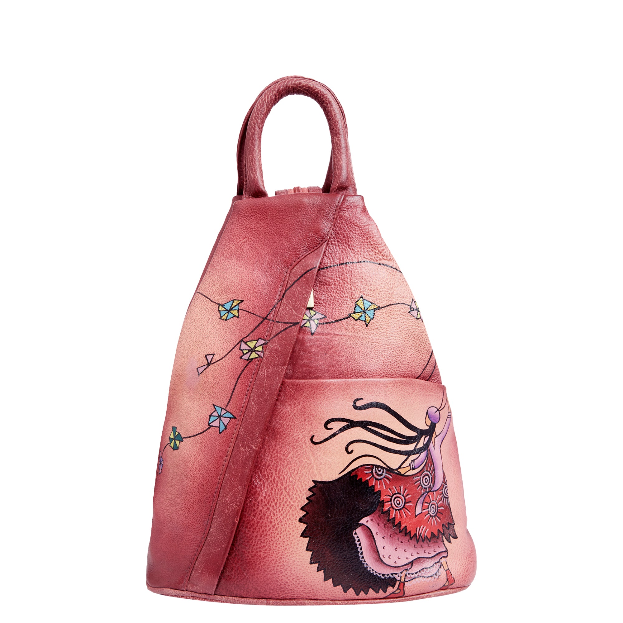 Convertible Red Triangle Backpack with Hand-Painted Design