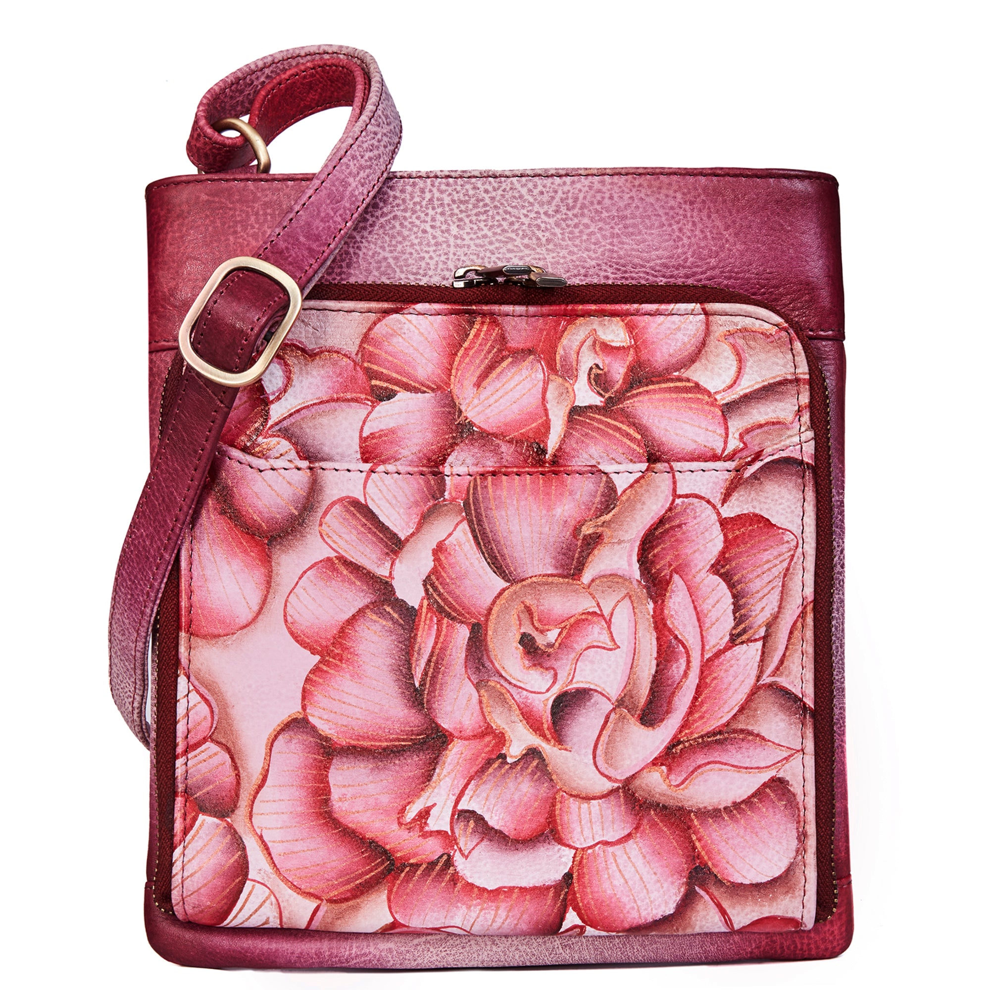 Floral Hand Painted Crossbody Bag with Front Zip Organizer