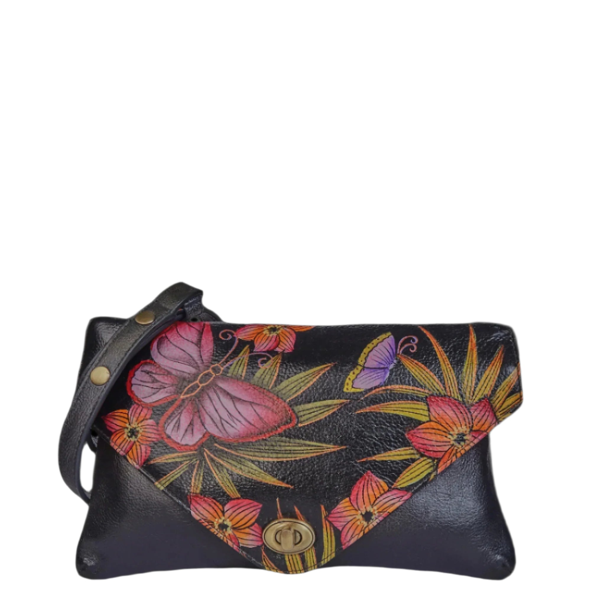 Hand-Painted Black Leather Envelope Clutch Bag for Women - Spring Collection