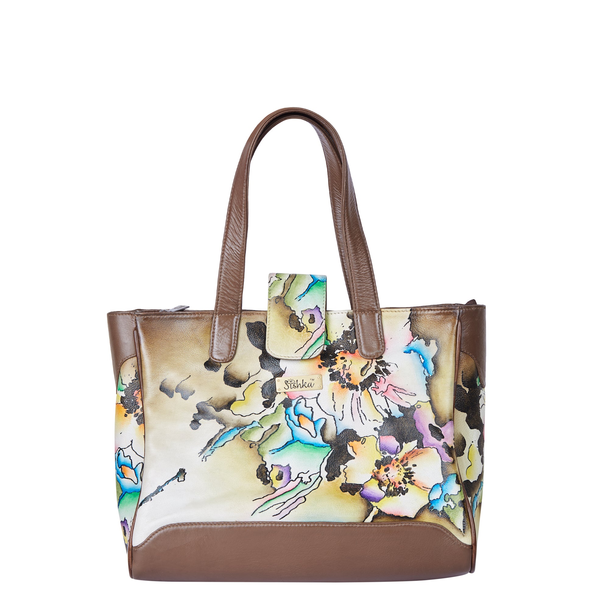 Brown and yellow leather tote bag, hand painted abstract design