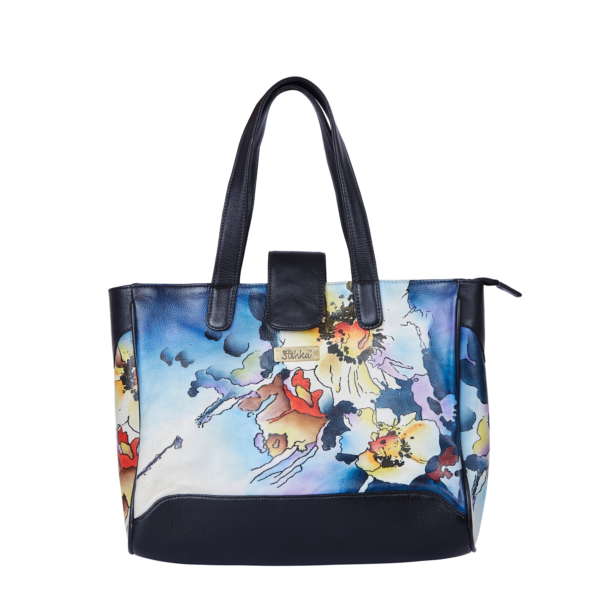 Abstract Blue & Black Leather Tote Bag with Hand Painted Design