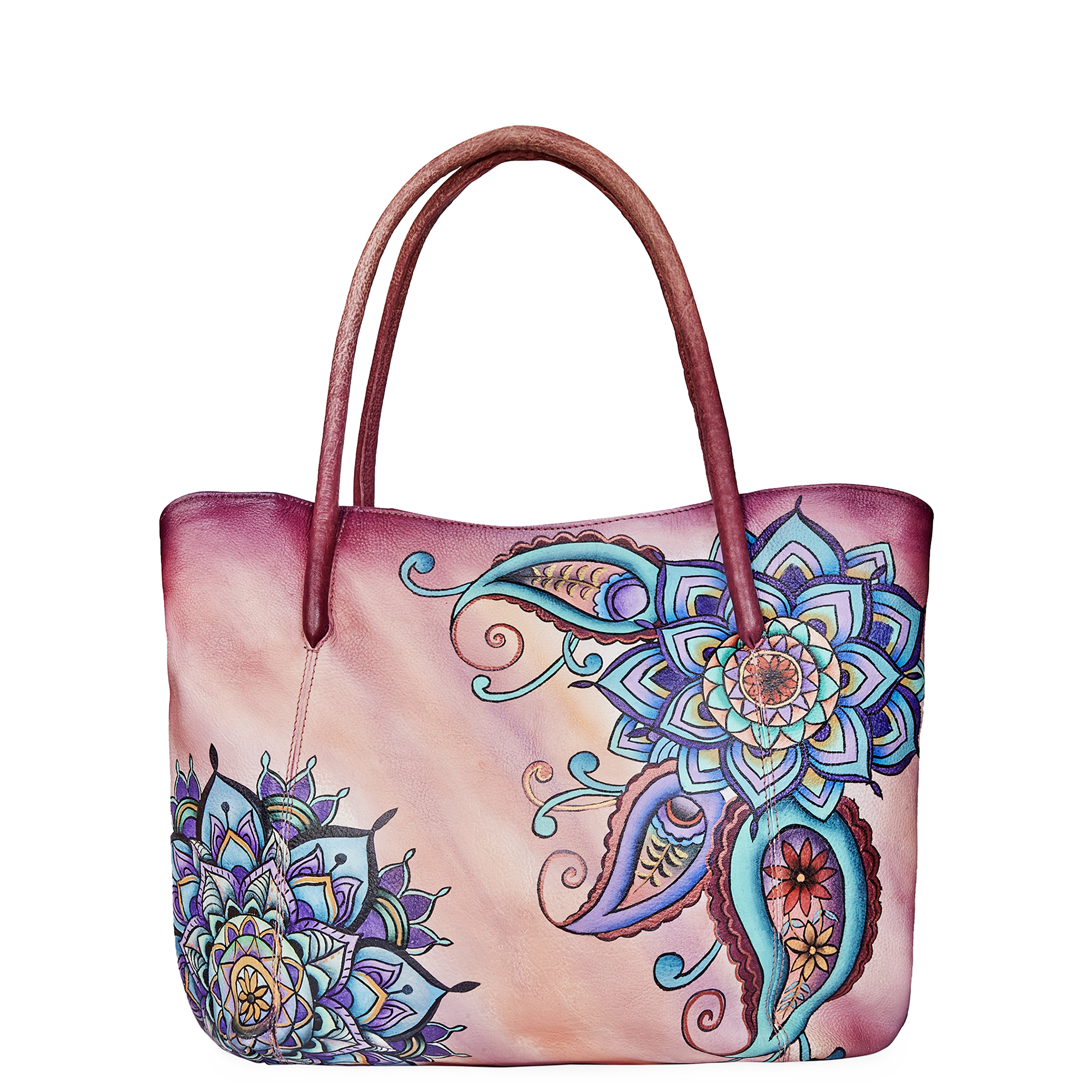 Hand-Painted Mandala Leather Tote Bag for Women - Perfect for Traveler