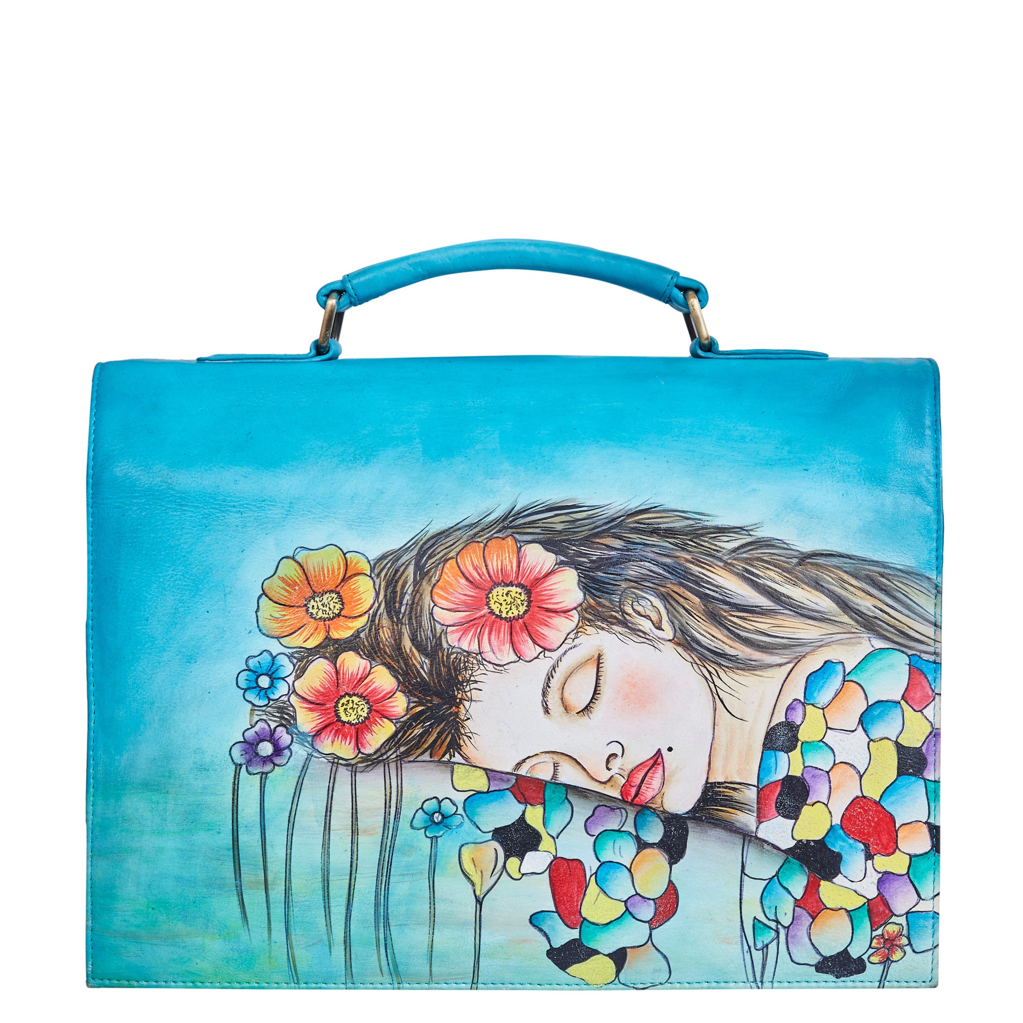 Sishka Women Leather Hand-Painted "Beautiful Dream" Business Bag – Blue Laptop Briefcase & Crossbody Satchel for Office, Travel & Work.