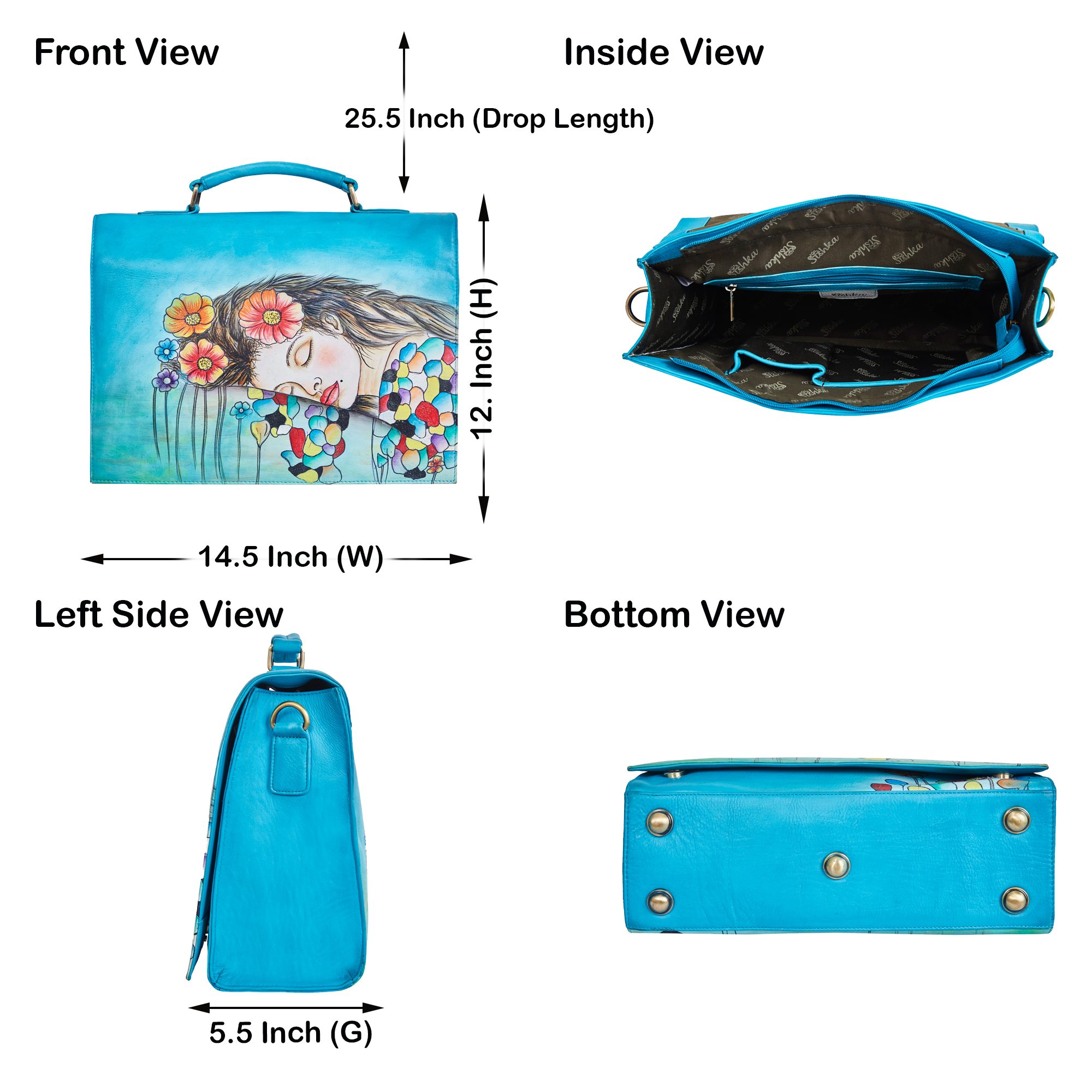 Sishka Women Leather Hand-Painted "Beautiful Dream" Business Bag – Blue Laptop Briefcase & Crossbody Satchel for Office, Travel & Work.
