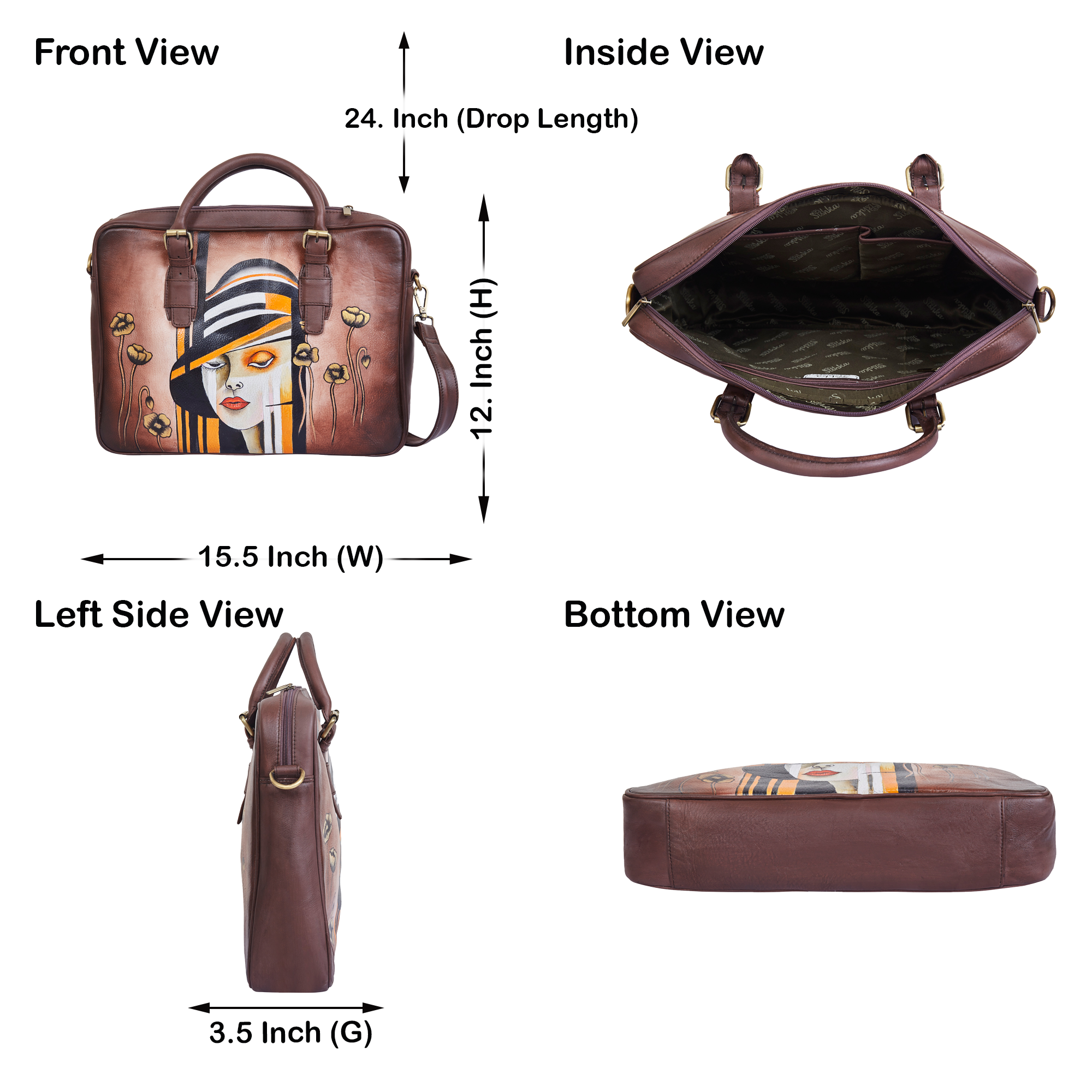 Sishka Hand-Painted Brown "Lady with Hat" Leather Business Bag for women– Shoulder Briefcase with Pocket & Adjustable Strap for Work & Travel.