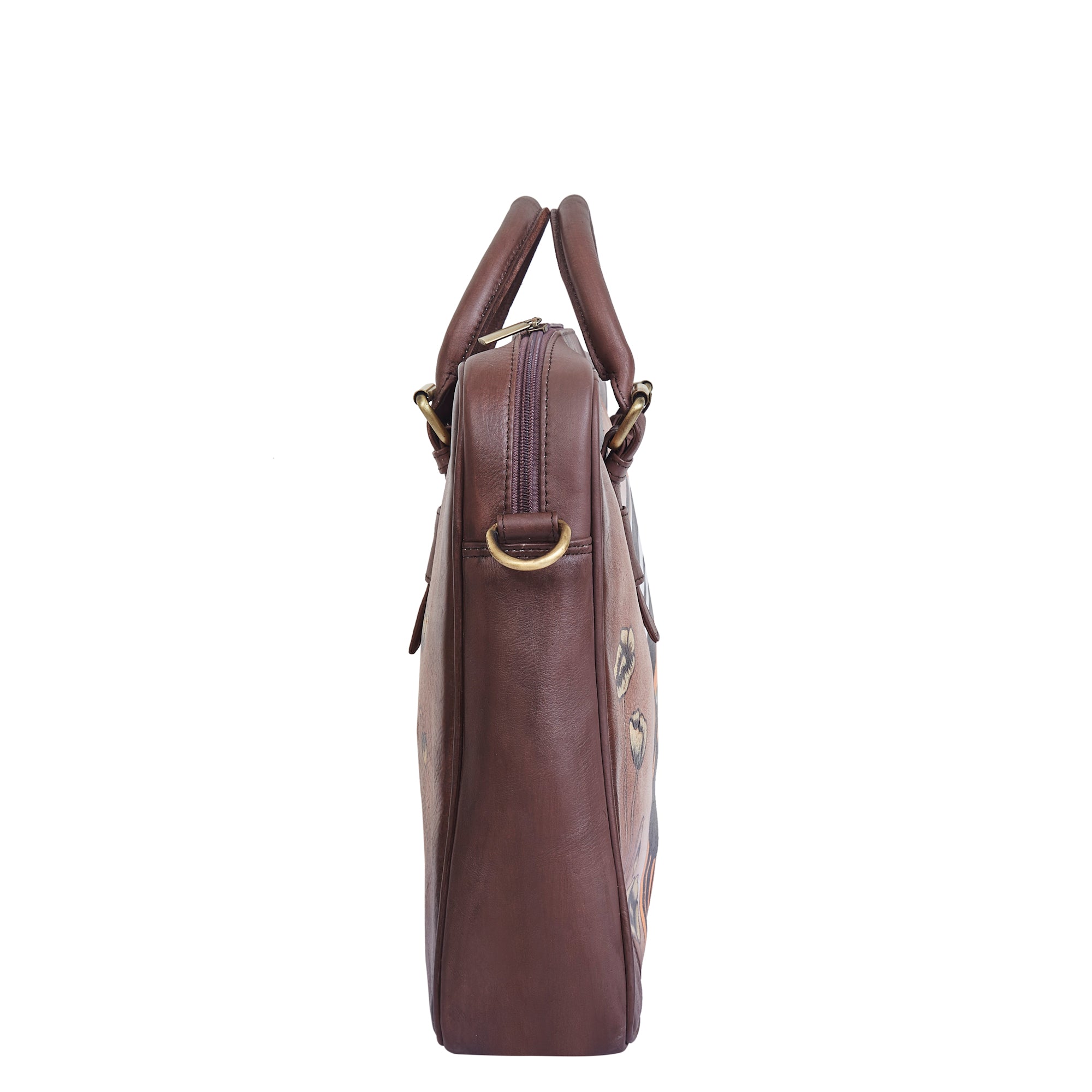 Sishka Hand-Painted Brown "Lady with Hat" Leather Business Bag for women– Shoulder Briefcase with Pocket & Adjustable Strap for Work & Travel.