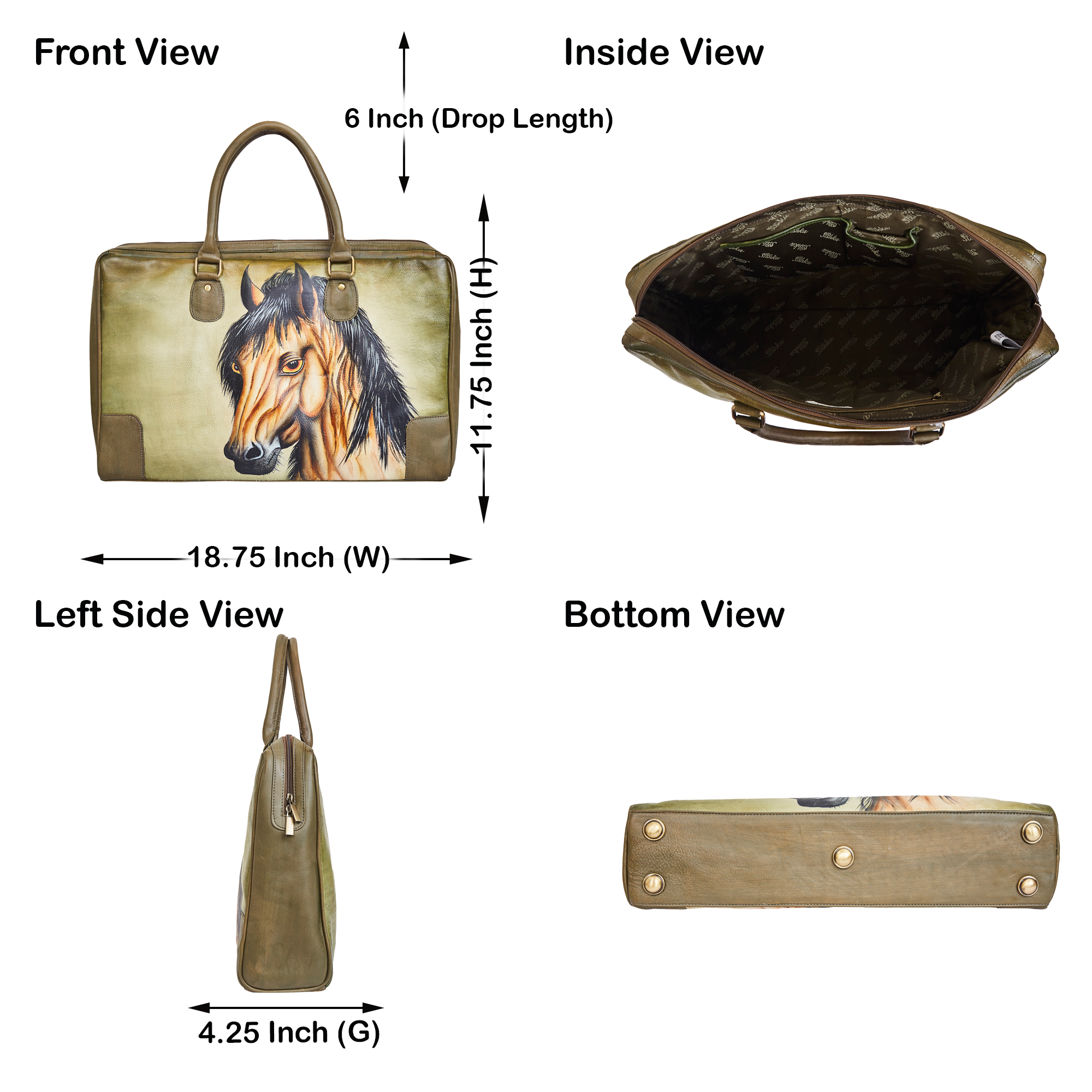 Sishka Hand-Painted Women's Leather Carryall Bag – Stunning Horse Art, Spacious Satchel & Shoulder Purse for Everyday Use.