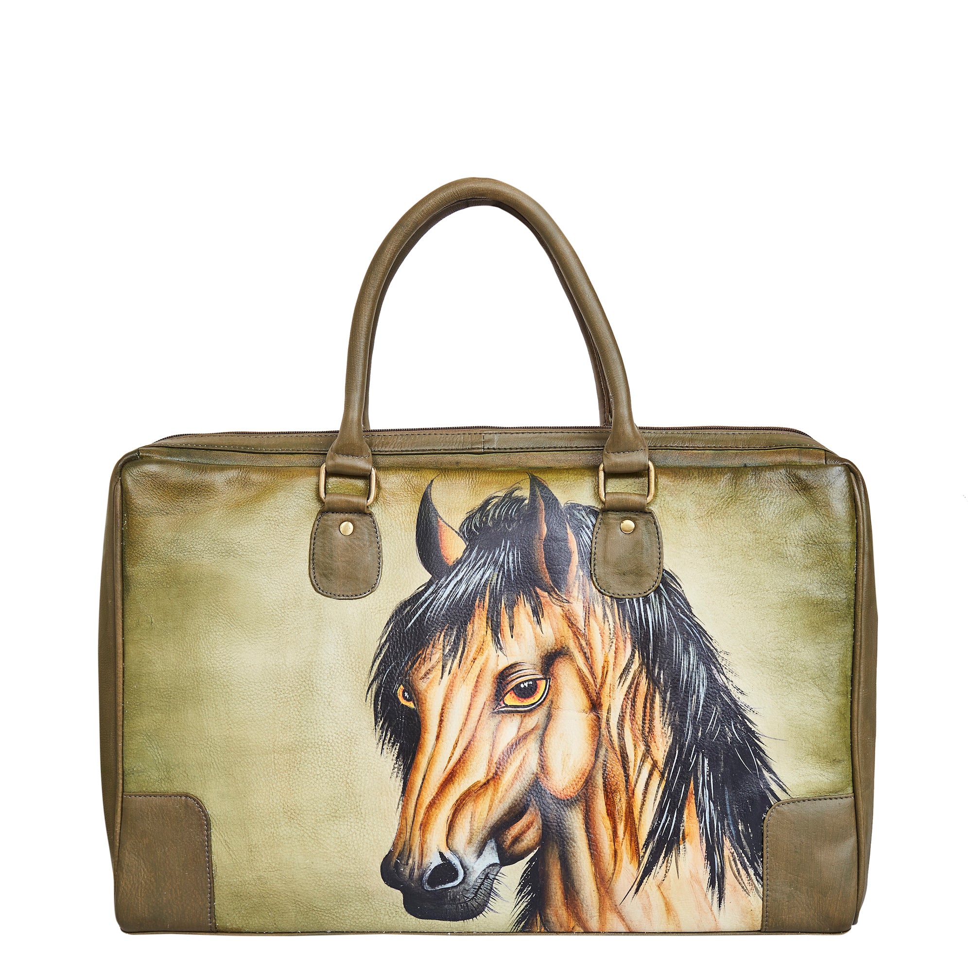 Sishka Hand-Painted Women's Leather Carryall Bag – Stunning Horse Art, Spacious Satchel & Shoulder Purse for Everyday Use.