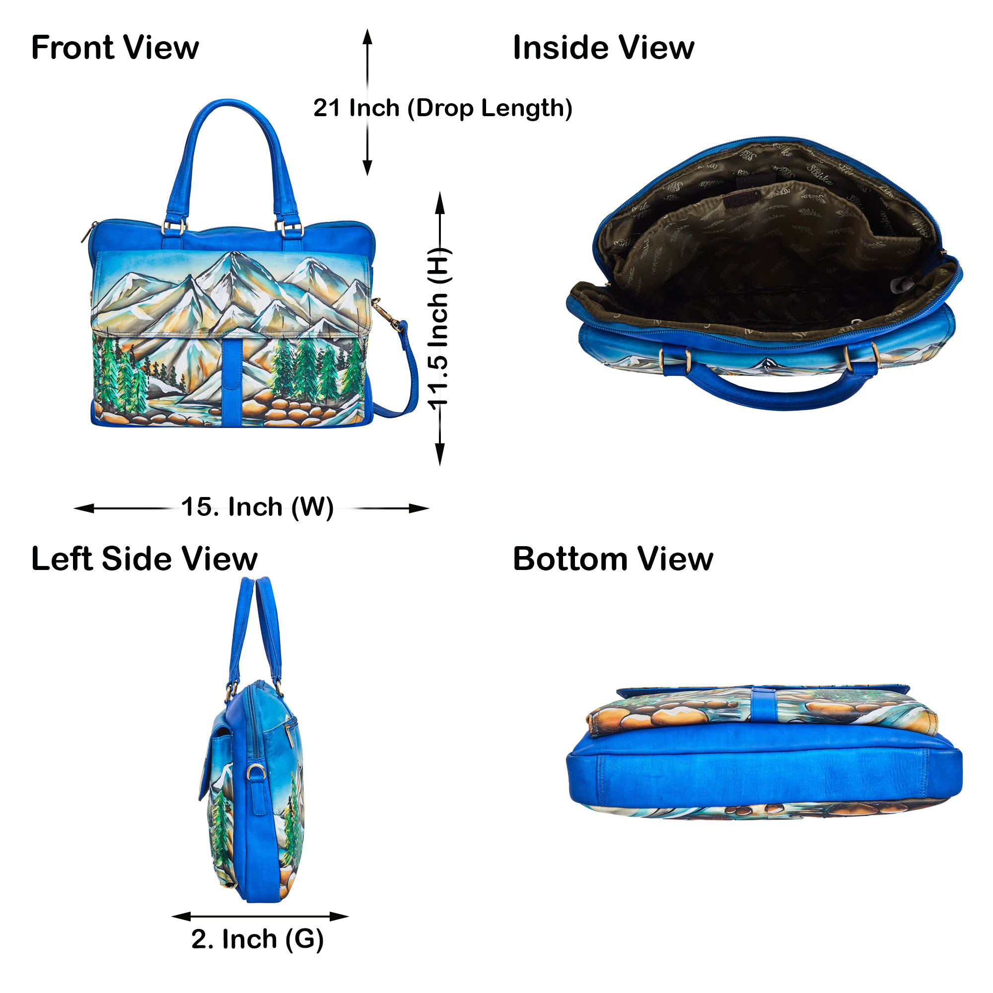 Sishka Hand-Painted Leather Business Bag for Women – Mountain Art, Stylish Satchel & Shoulder Purse.