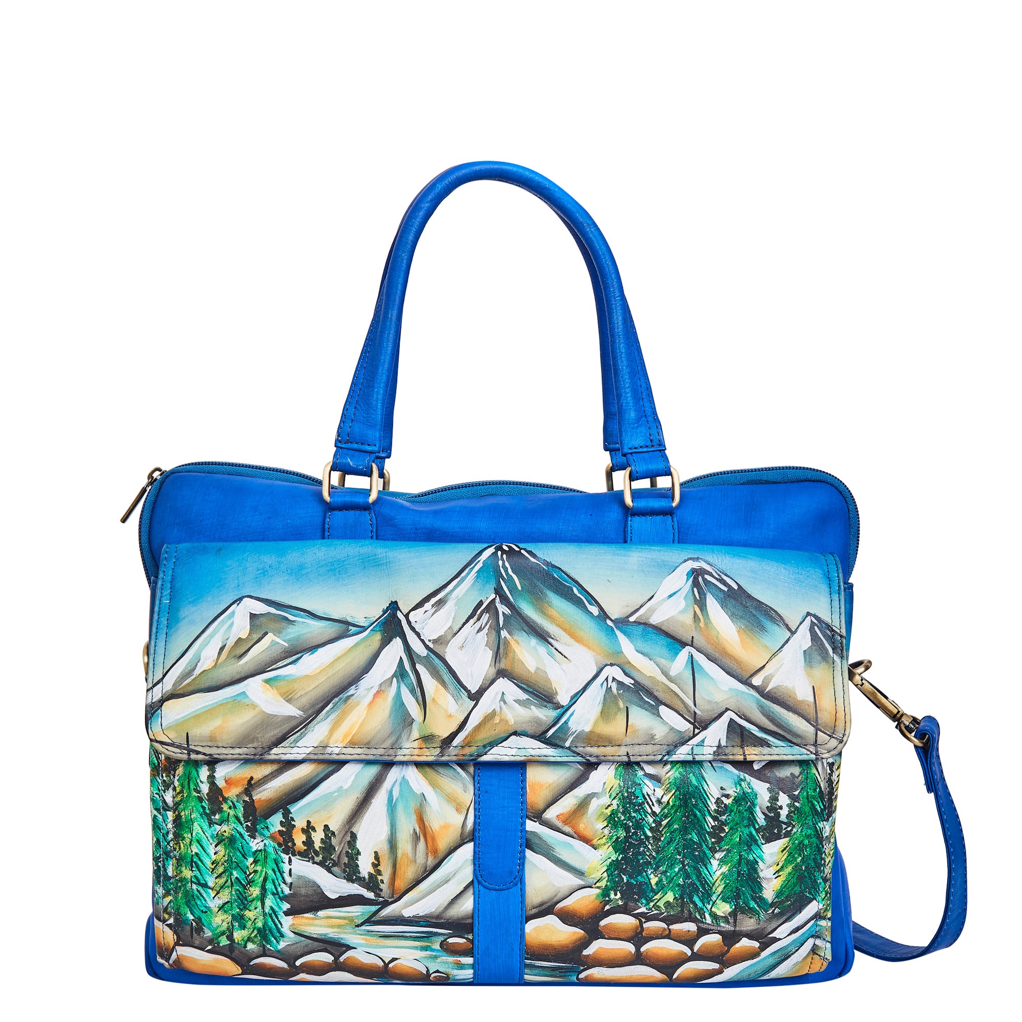 Sishka Hand-Painted Leather Business Bag for Women – Mountain Art, Stylish Satchel & Shoulder Purse.