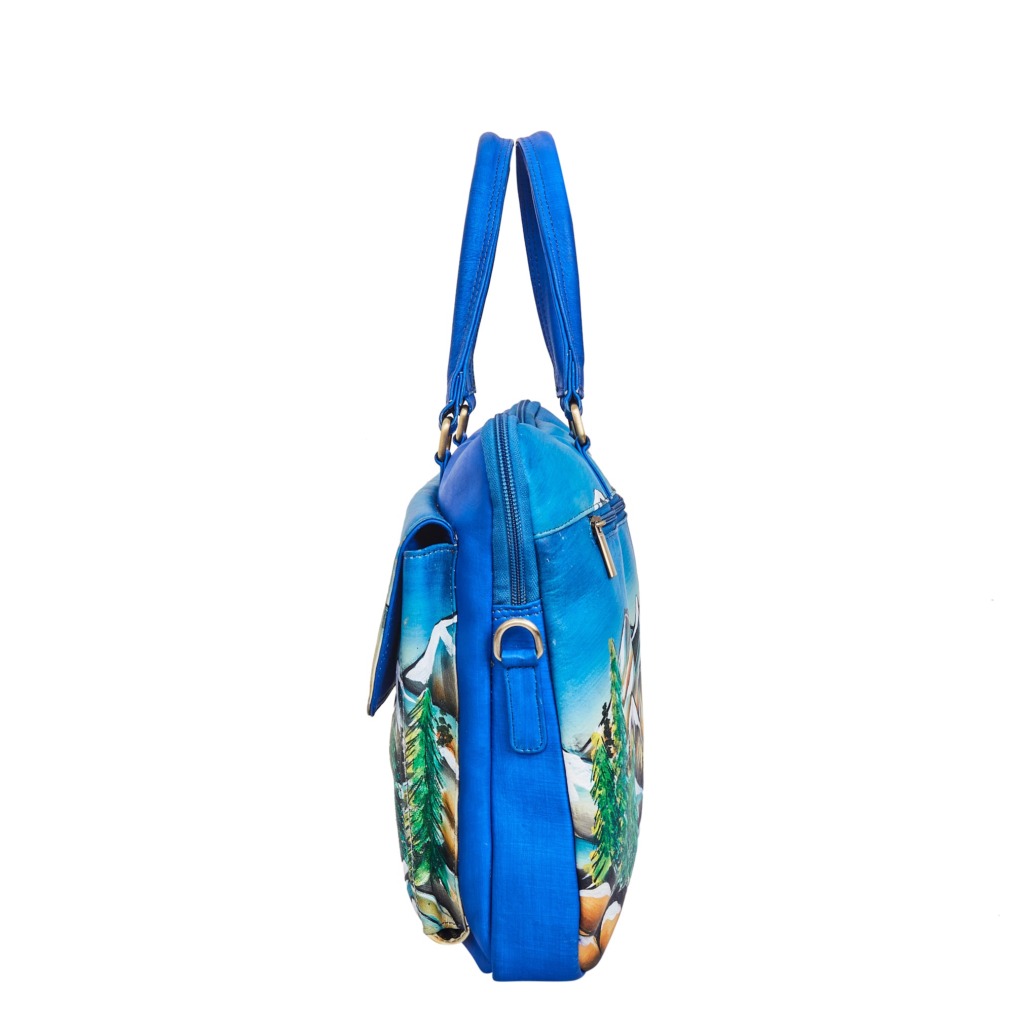 Sishka Hand-Painted Leather Business Bag for Women – Mountain Art, Stylish Satchel & Shoulder Purse.