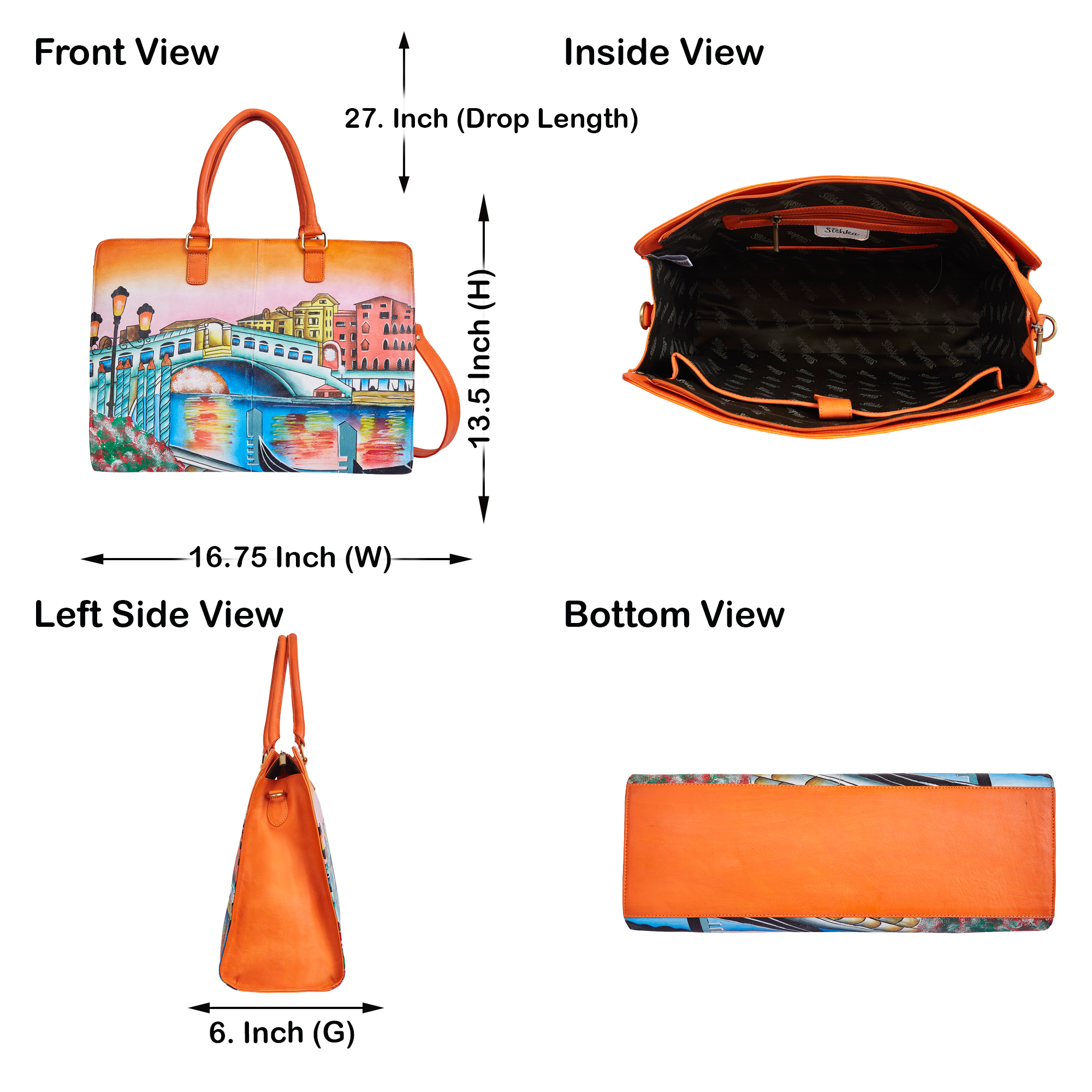 Sishka Hand-Painted Leather Business Bag – Venice Cityscape Artwork, Orange-Tone Laptop Briefcase & Crossbody Satchel for Women
