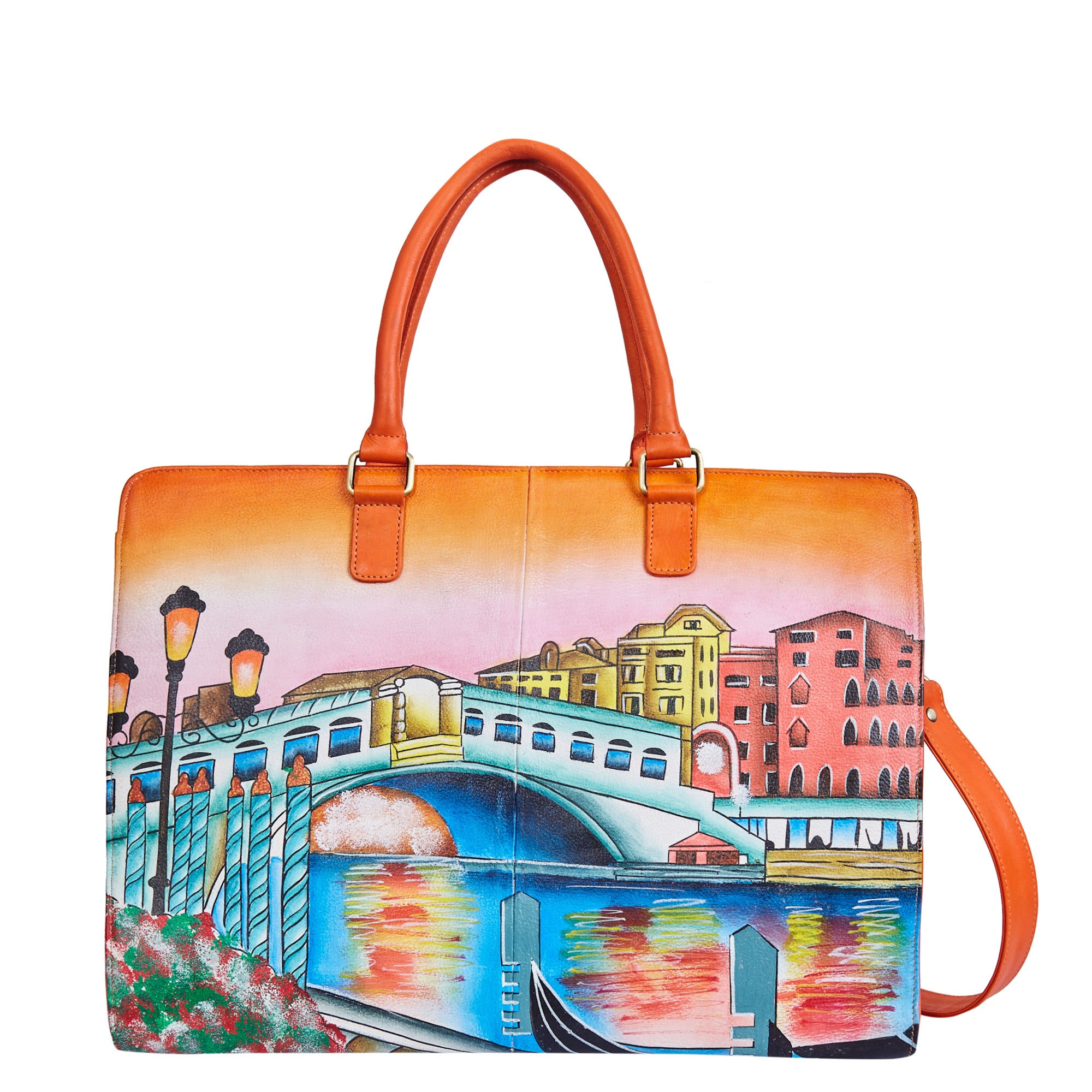 Sishka Hand-Painted Leather Business Bag – Venice Cityscape Artwork, Orange-Tone Laptop Briefcase & Crossbody Satchel for Women