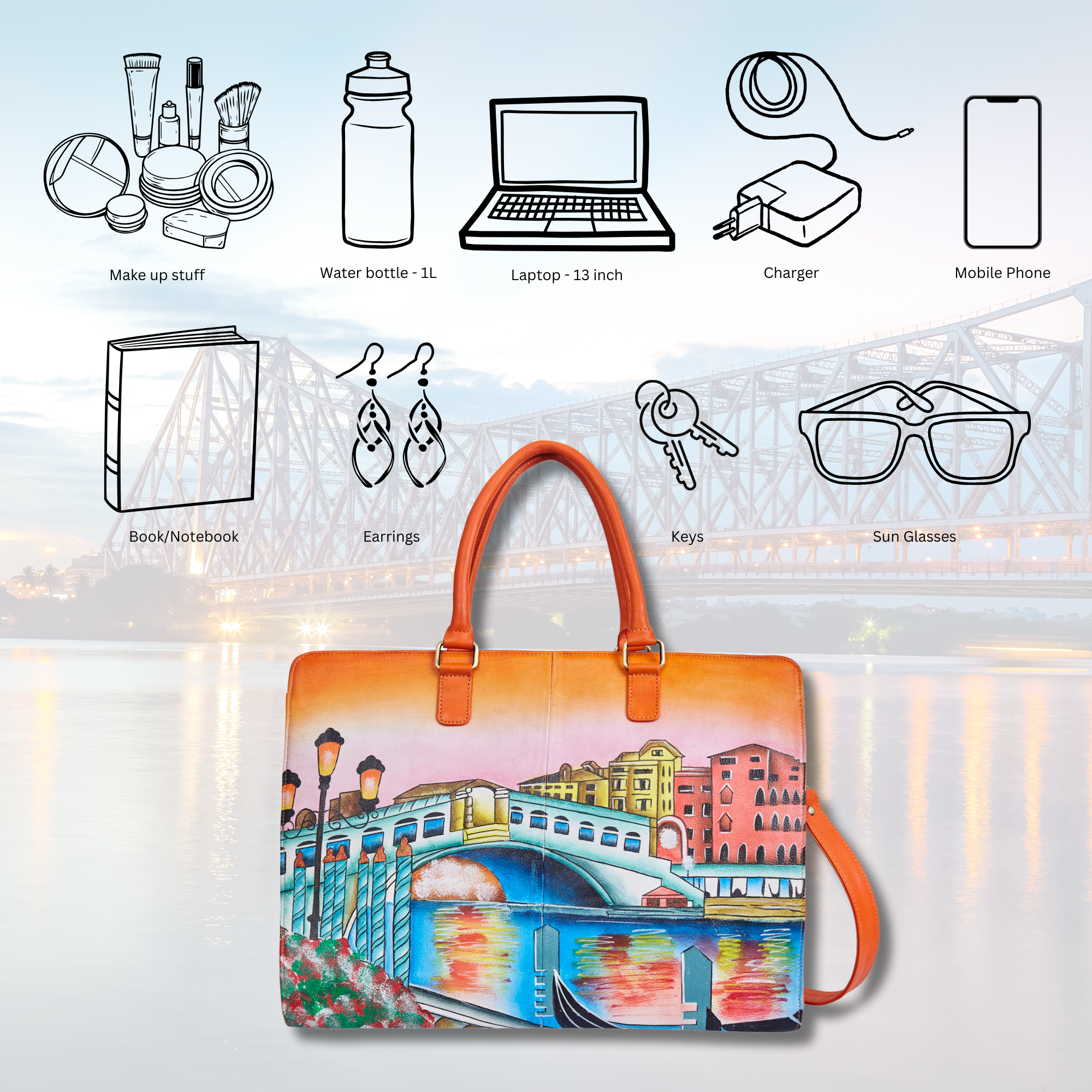 Sishka Hand-Painted Leather Business Bag – Venice Cityscape Artwork, Orange-Tone Laptop Briefcase & Crossbody Satchel for Women