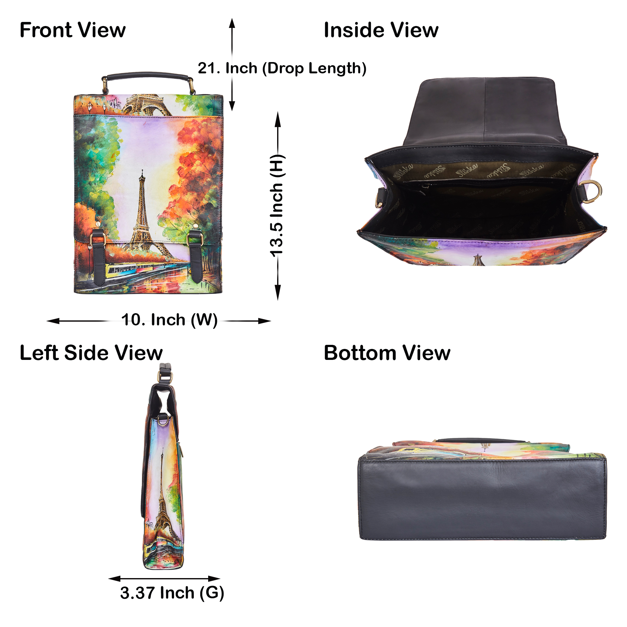 Sishka Hand-Painted Women's Leather Crossbody – Eiffel Tower Art, Stylish & Spacious Satchel with Detachable Straps.