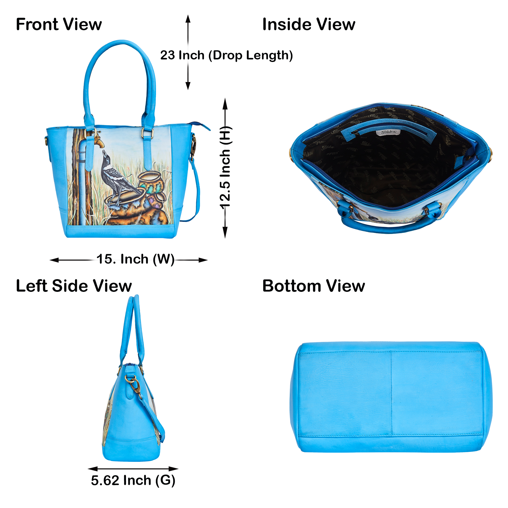 Sishka Hand-Painted Women's Leather Carry-All Bag – Crow Art, Spacious Tote, Shoulder Purse & Satchel with Detachable Strap.