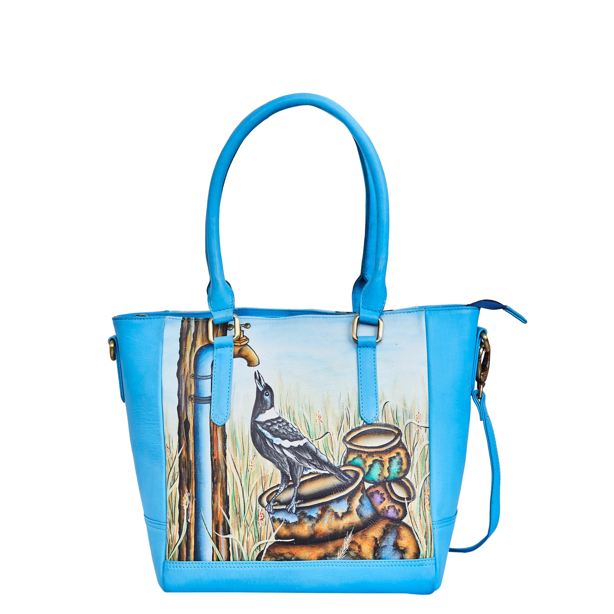 Sishka Hand-Painted Women's Leather Carry-All Bag – Crow Art, Spacious Tote, Shoulder Purse & Satchel with Detachable Strap.