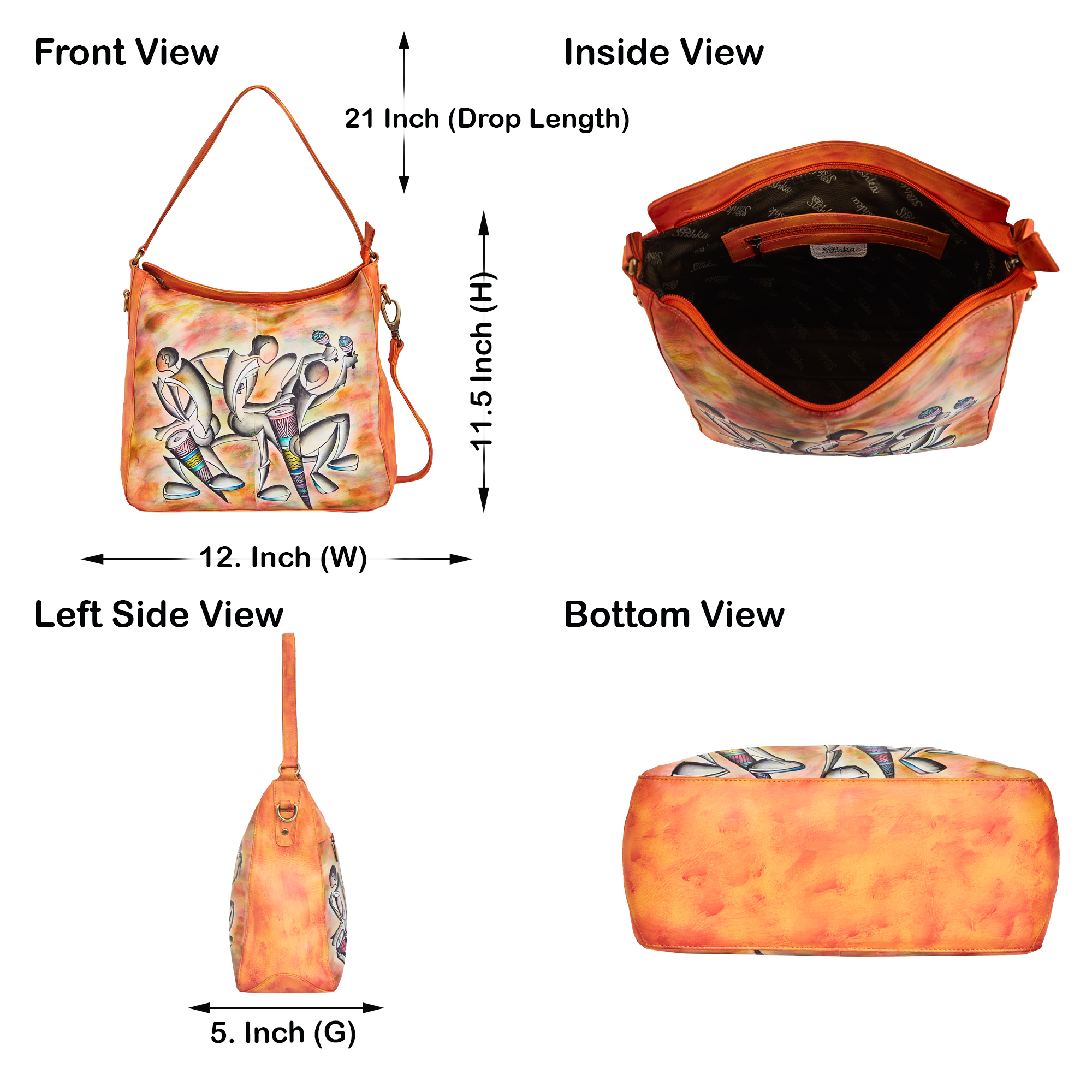 Sishka Hand-Painted Leather Carry All for Females– Vibrant Dance Art, Versatile Crossbody & Shoulder Bag with Adjustable Strap.