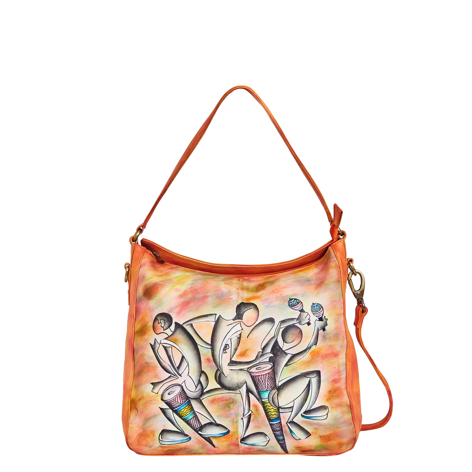 Sishka Hand-Painted Leather Carry All for Females– Vibrant Dance Art, Versatile Crossbody & Shoulder Bag with Adjustable Strap.
