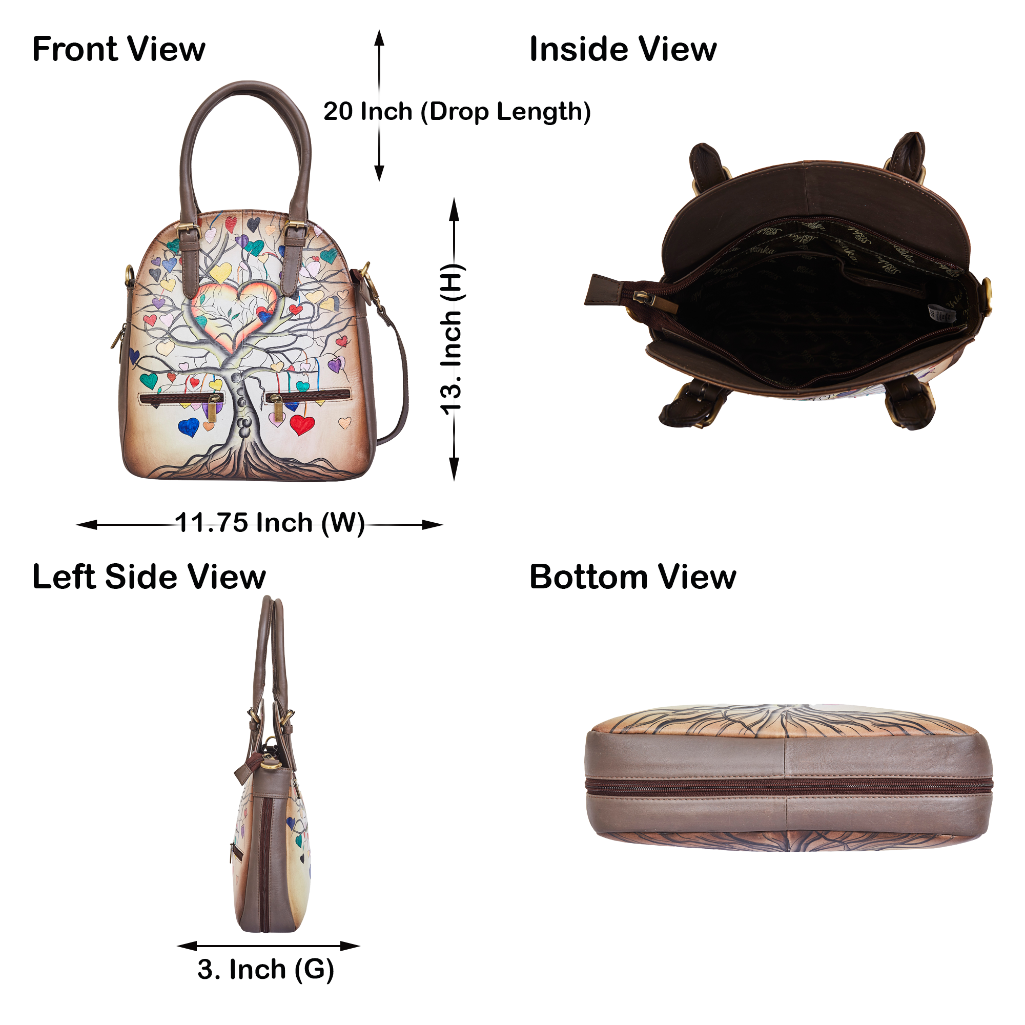 Sishka Hand-Painted ladies Leather Satchel – Heart & Tree Art, Stylish Shoulder Purse with Detachable Strap.