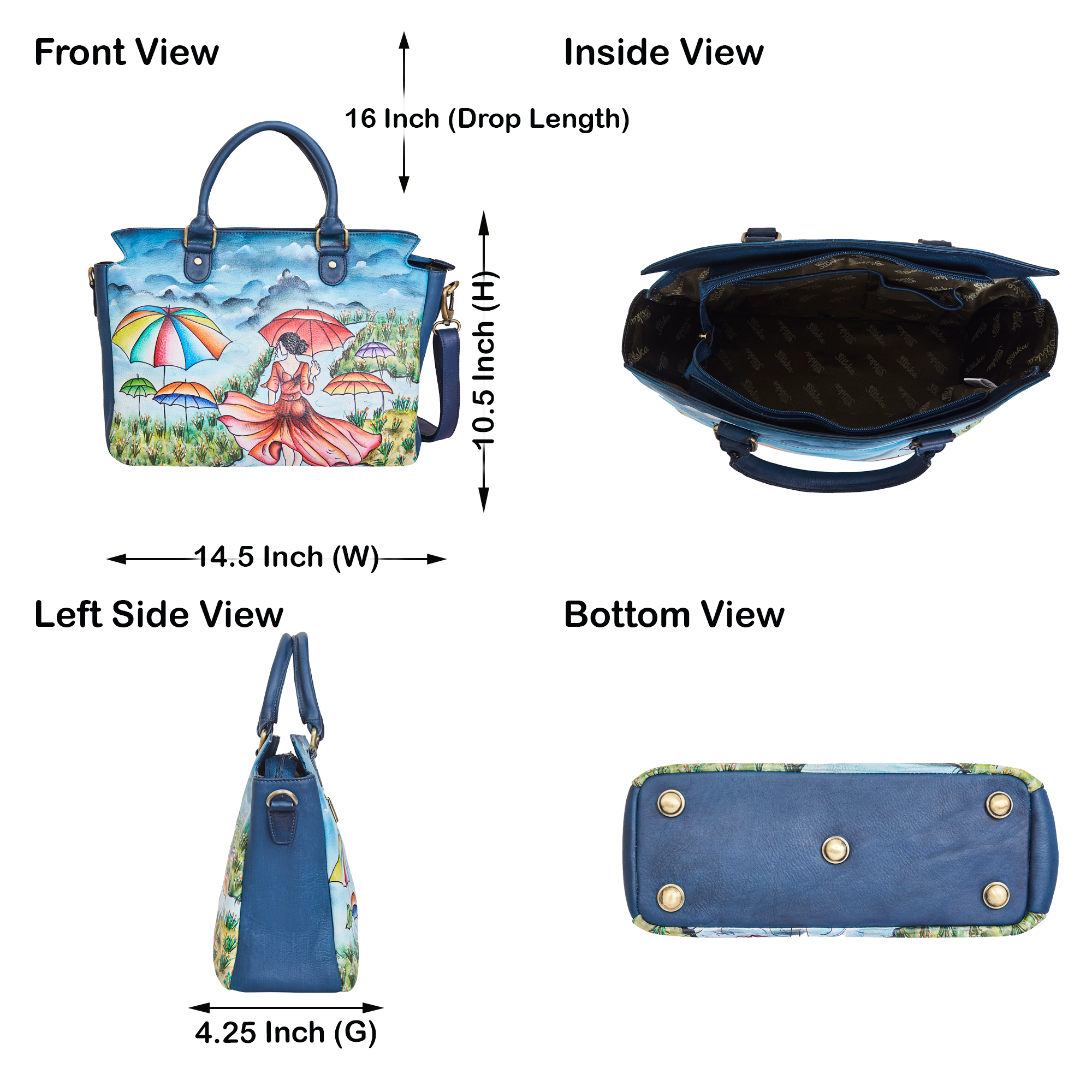 Sishka Hand-Painted Ladiess Leather Carry-All Bag – Elegant Lady with Umbrella Art, Spacious Satchel & Shoulder Purse with Detachable Strap.