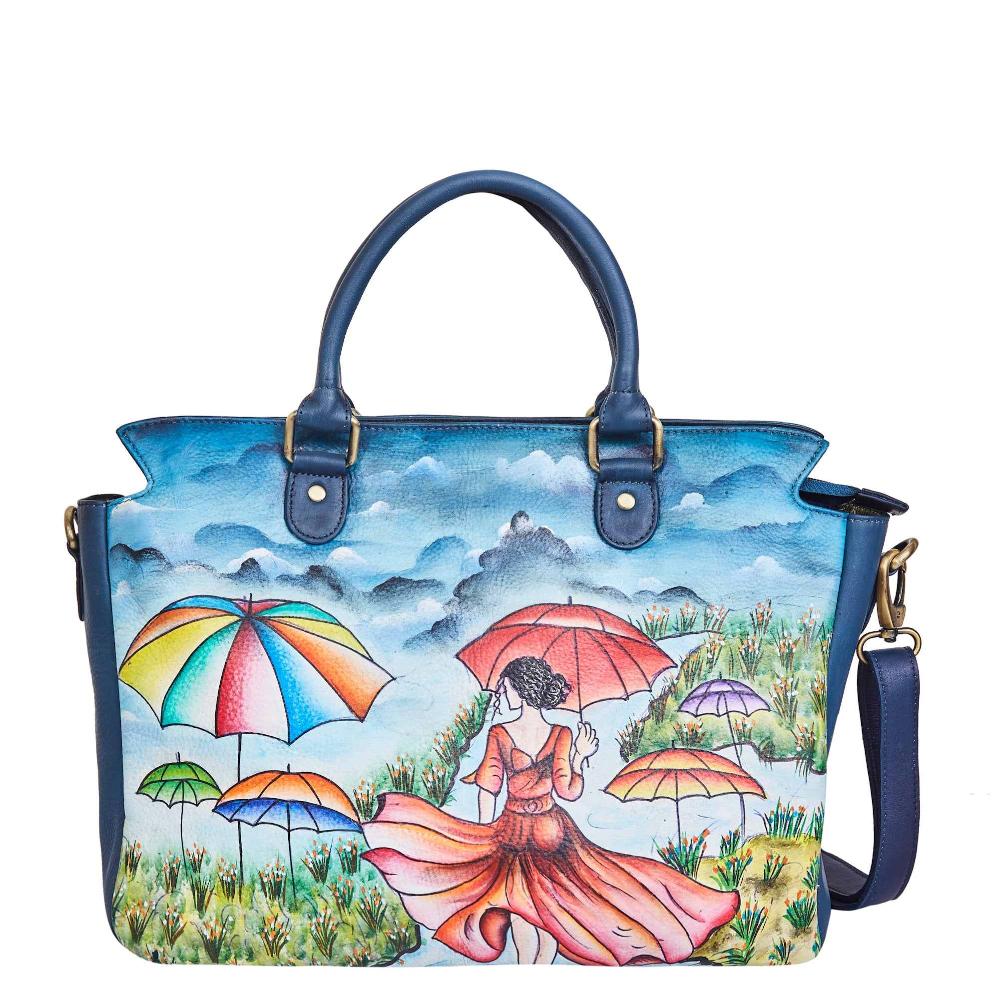 Sishka Hand-Painted Ladiess Leather Carry-All Bag – Elegant Lady with Umbrella Art, Spacious Satchel & Shoulder Purse with Detachable Strap.