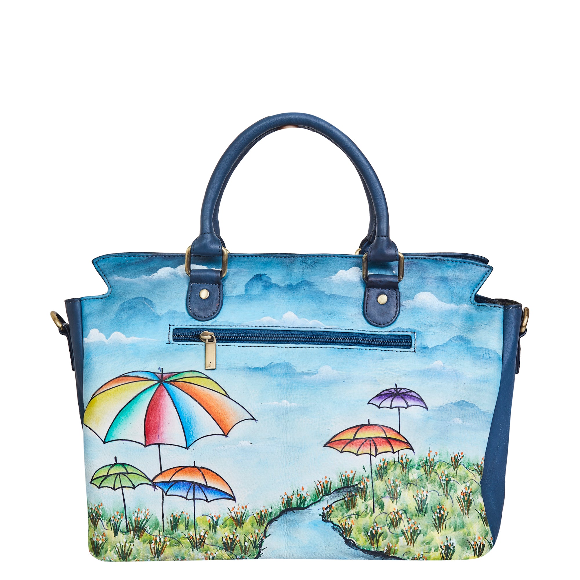 Elegant Lady & Umbrella Hand-Painted Leather Satchel & Shoulder Purse