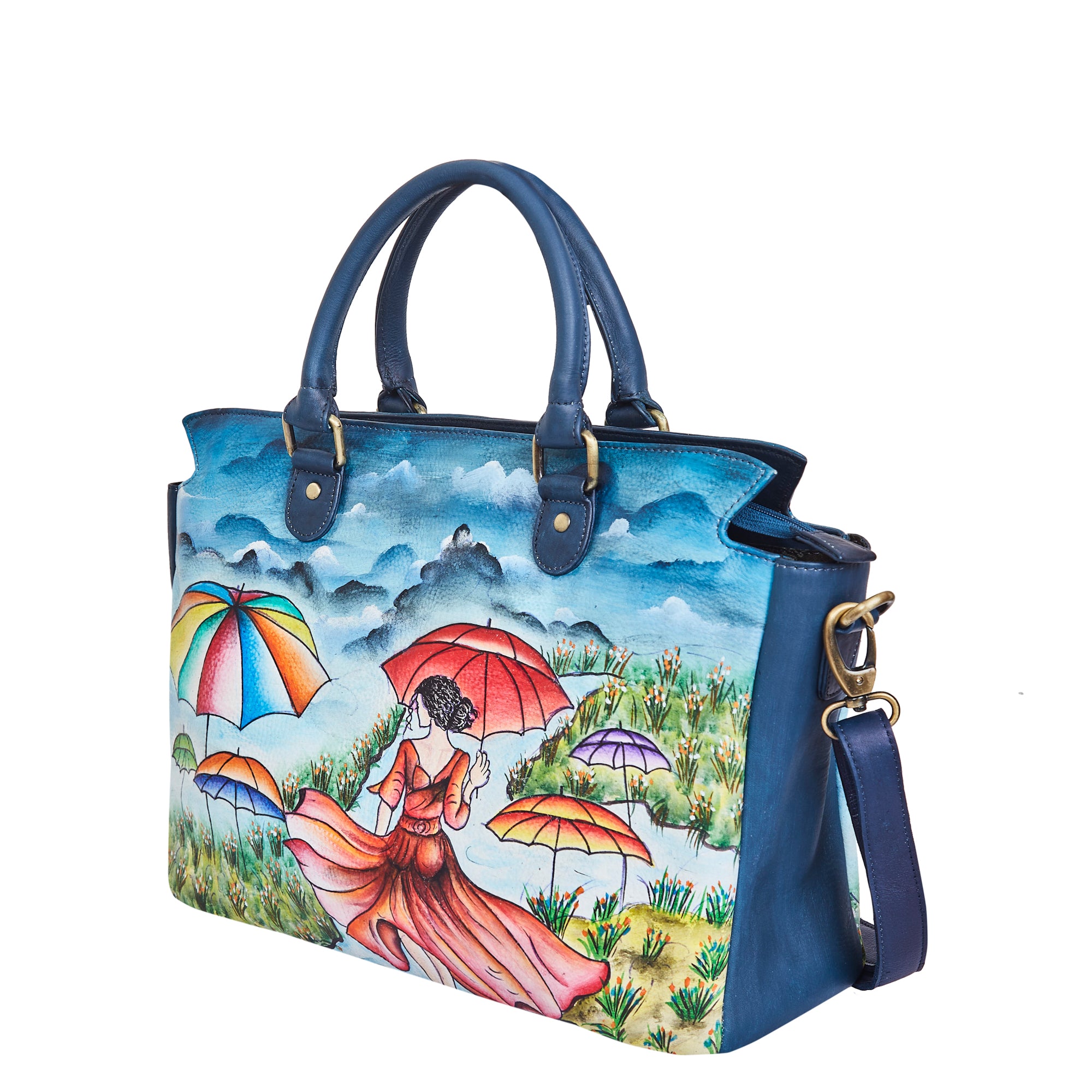 Elegant Lady & Umbrella Hand-Painted Leather Satchel & Shoulder Purse