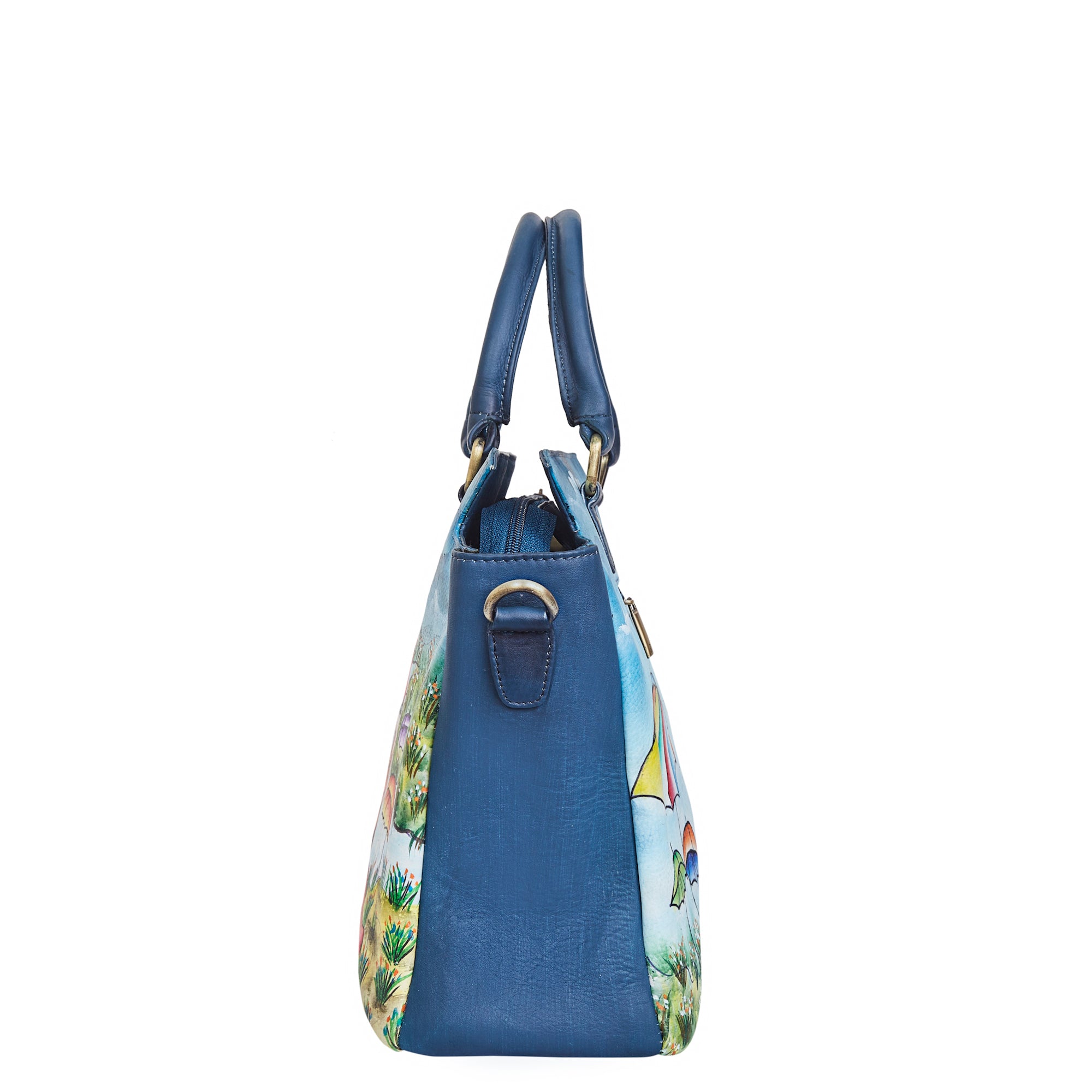 Elegant Lady & Umbrella Hand-Painted Leather Satchel & Shoulder Purse