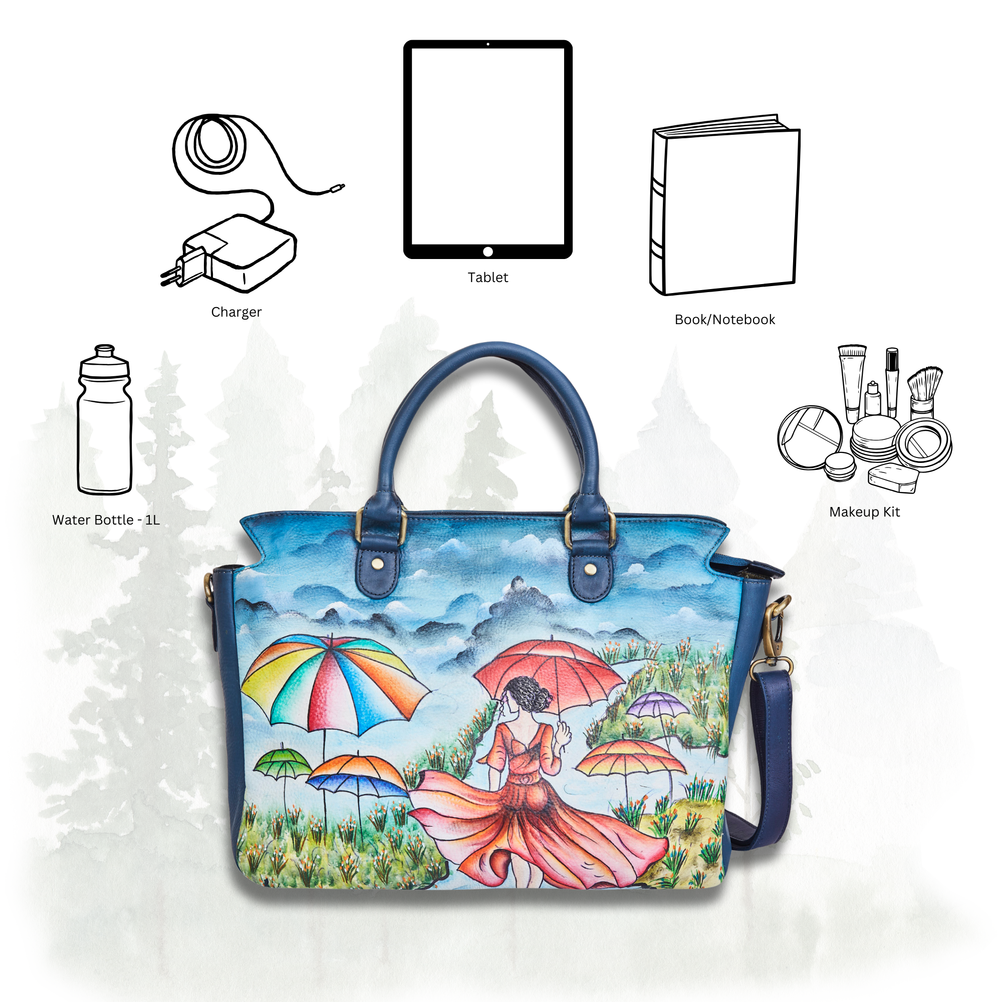 Elegant Lady & Umbrella Hand-Painted Leather Satchel & Shoulder Purse