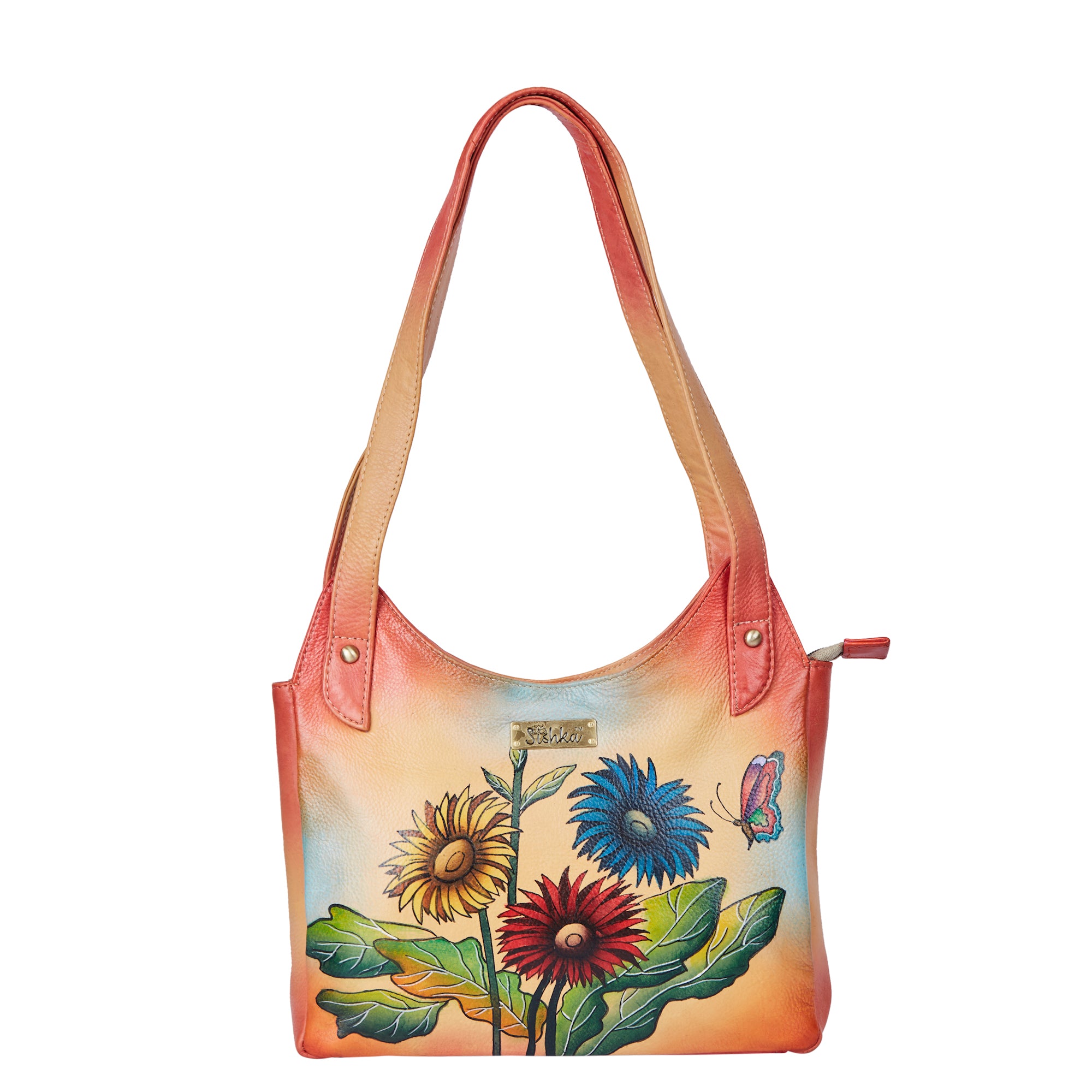 Orange Hand-Painted Leather Hobo Bag with Sunflower and Butterfly