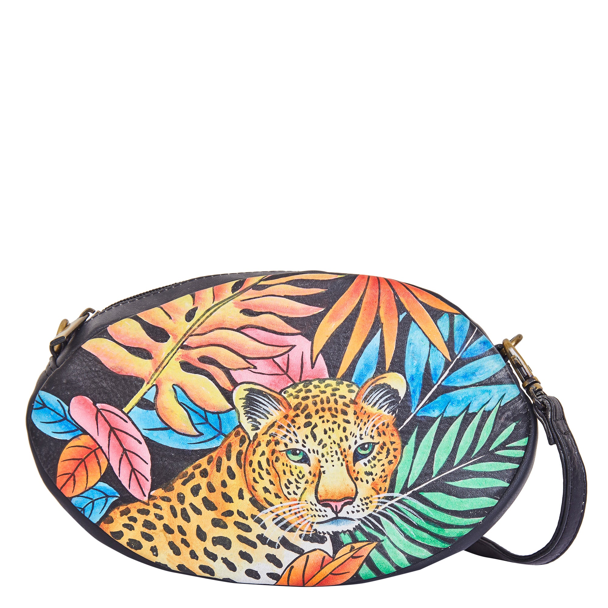 Sishka Hand-Painted Female Leather Fanny Pack – Leopard Art, Stylish Belt Bag & Shoulder Purse with Adjustable Crossbody Strap.