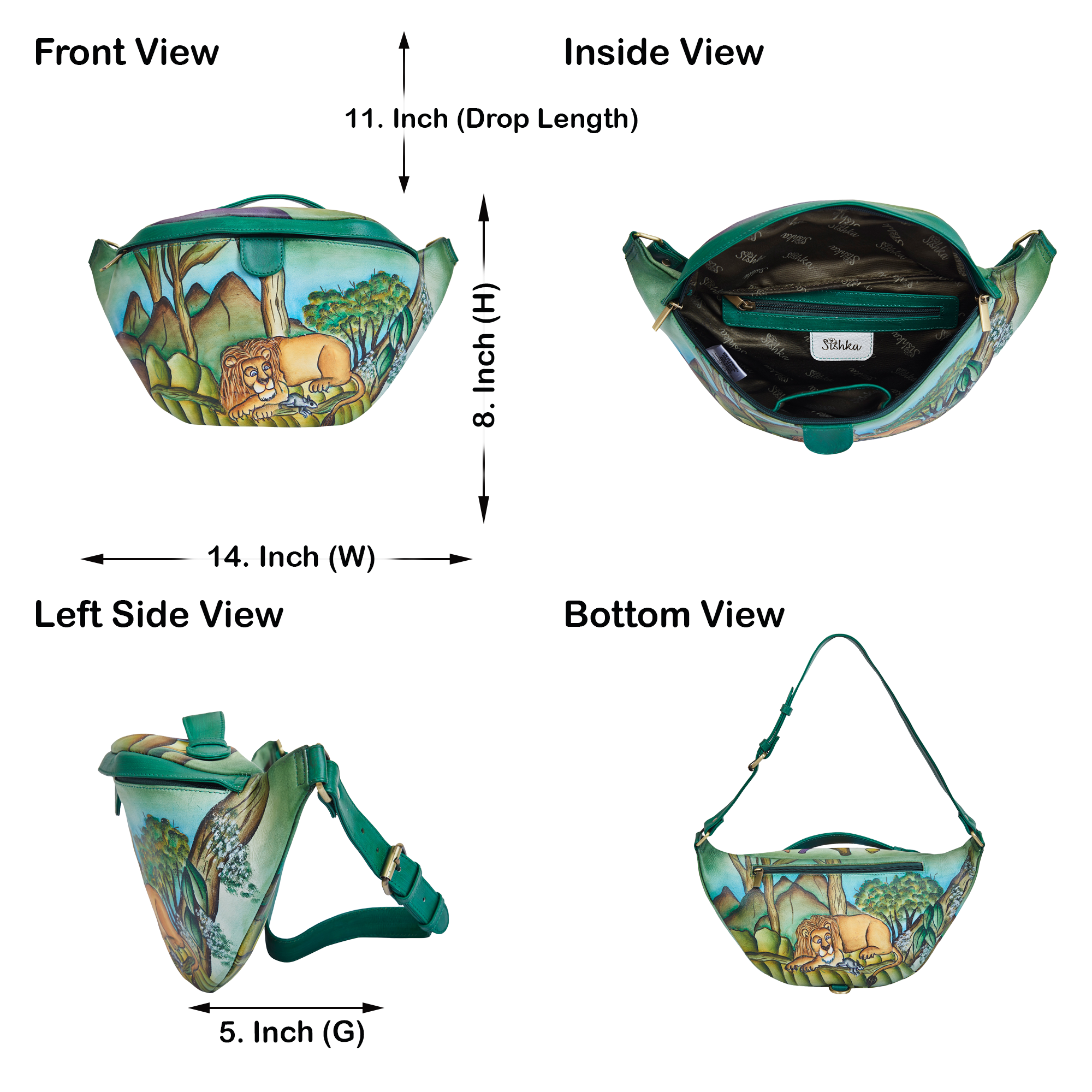 Sishka Hand-Painted Lion leather Fanny Pack – Gift-Ready Belt Bag with Adjustable Crossbody Strap for Travel & Festivals.