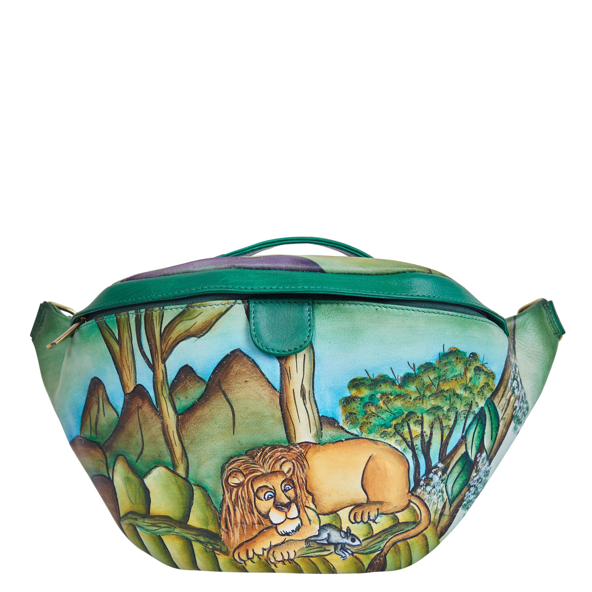 Sishka Hand-Painted Lion leather Fanny Pack – Gift-Ready Belt Bag with Adjustable Crossbody Strap for Travel & Festivals.