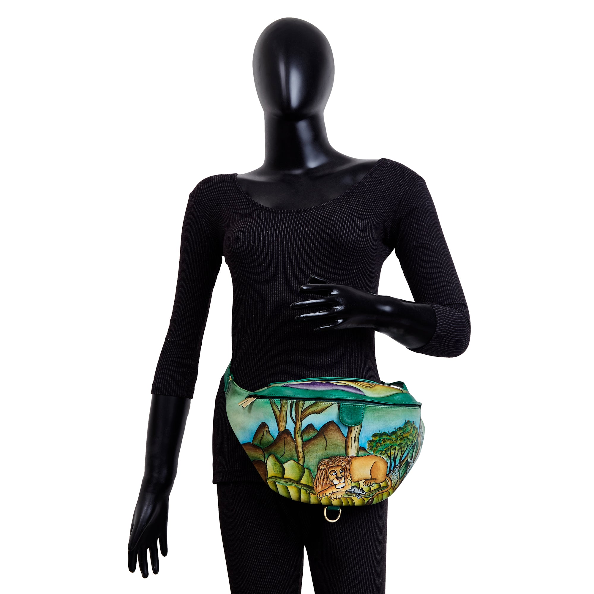 Sishka Hand-Painted Lion leather Fanny Pack – Gift-Ready Belt Bag with Adjustable Crossbody Strap for Travel & Festivals.