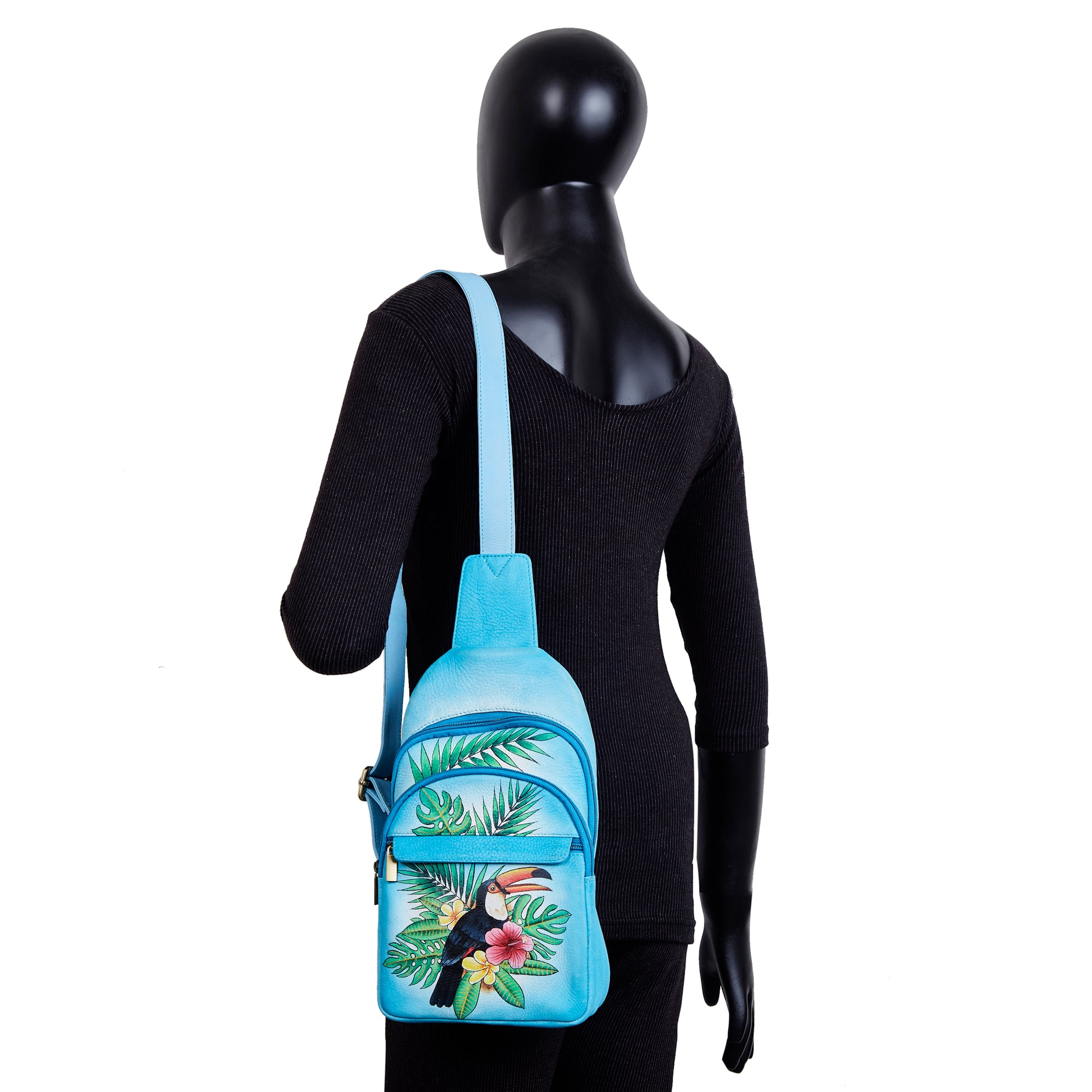 Sishka Hand-Painted ladies Blue Leather Fanny Pack – Waist Bag & Crossbody Sling with Adjustable Strap & Secure Pockets.