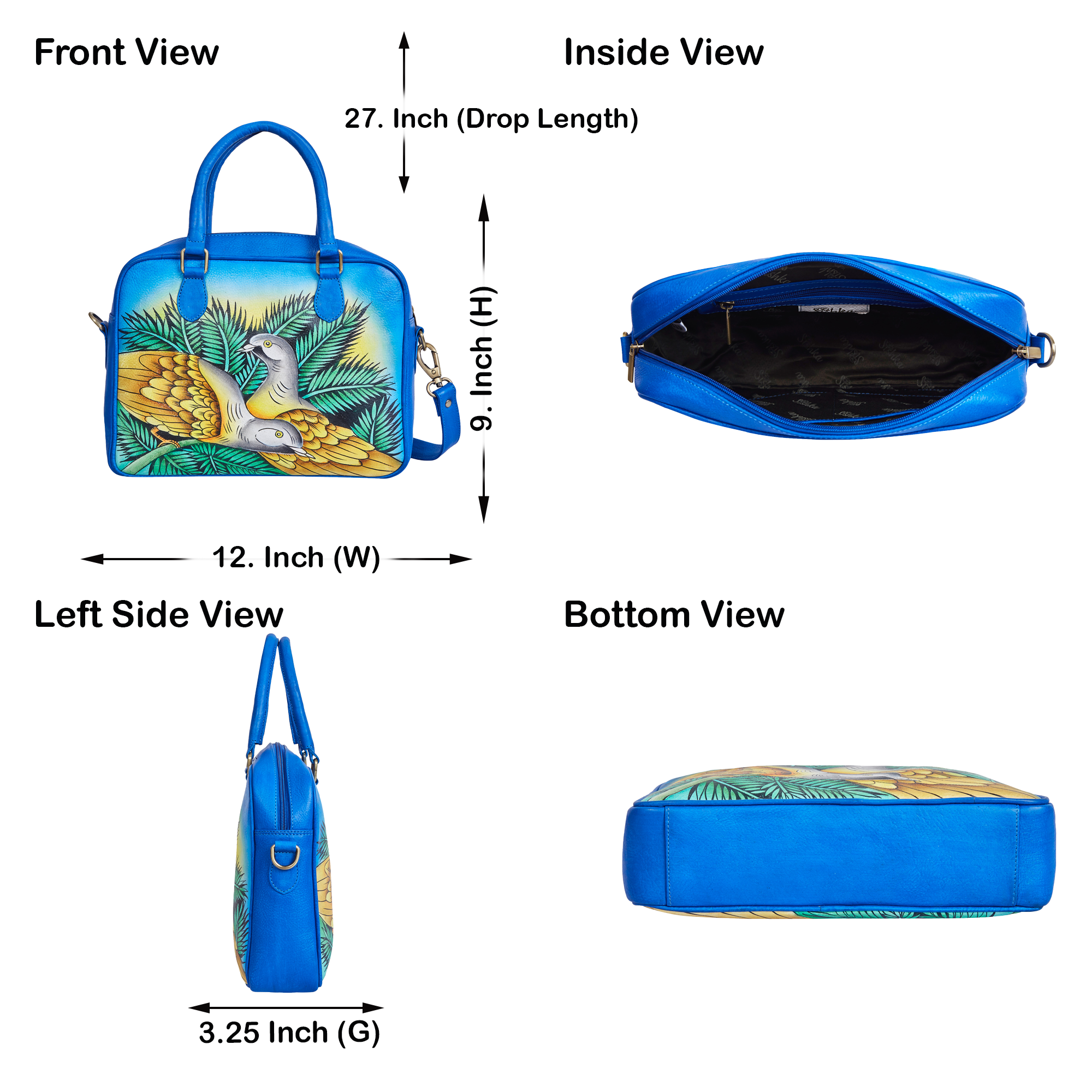 Sishka Hand-Painted Blue Women Leather Handbag – Elegant Bird & Leaf Design, Stylish & Spacious Crossbody Satchel with Removable Strap.
