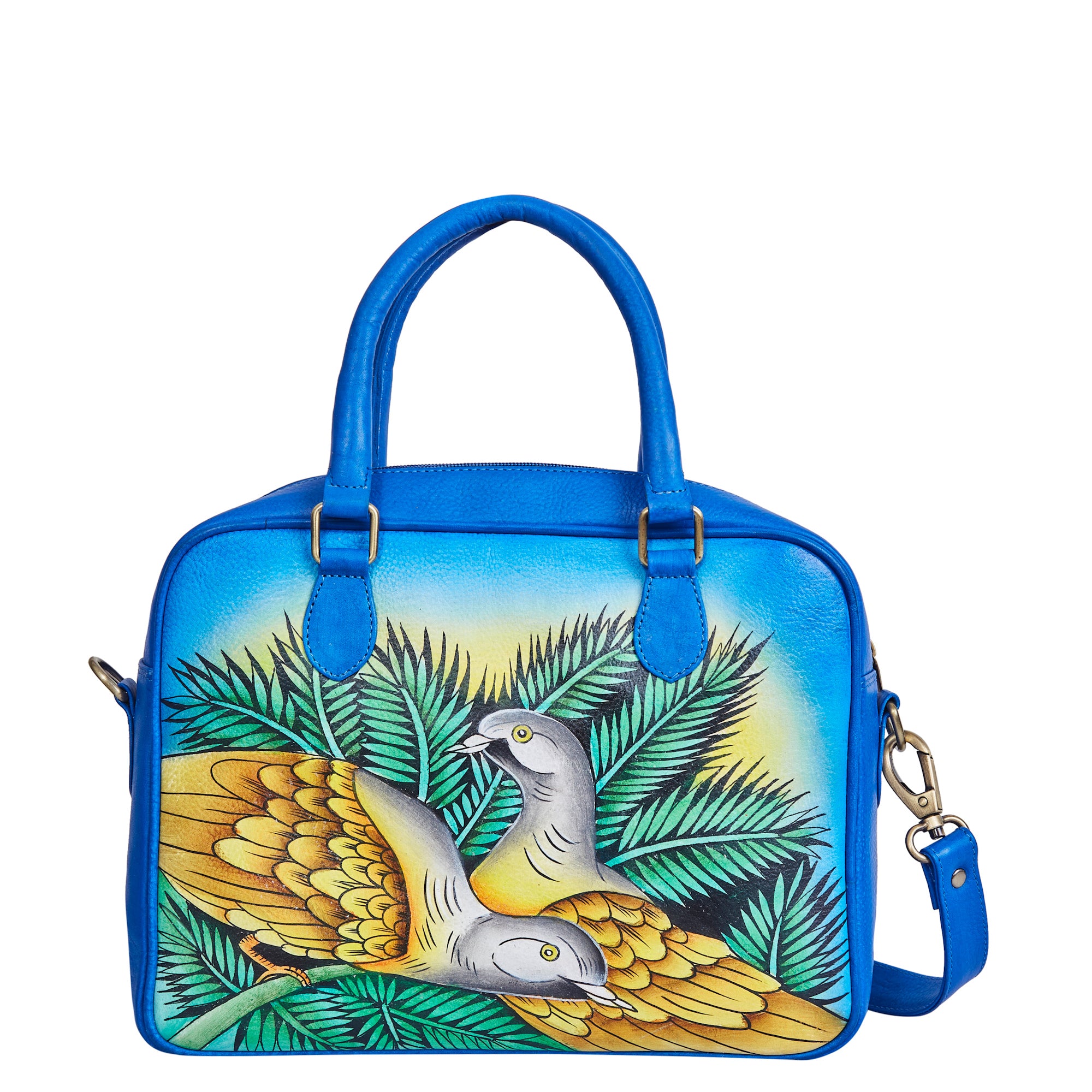 Sishka Hand-Painted Blue Women Leather Handbag – Elegant Bird & Leaf Design, Stylish & Spacious Crossbody Satchel with Removable Strap.