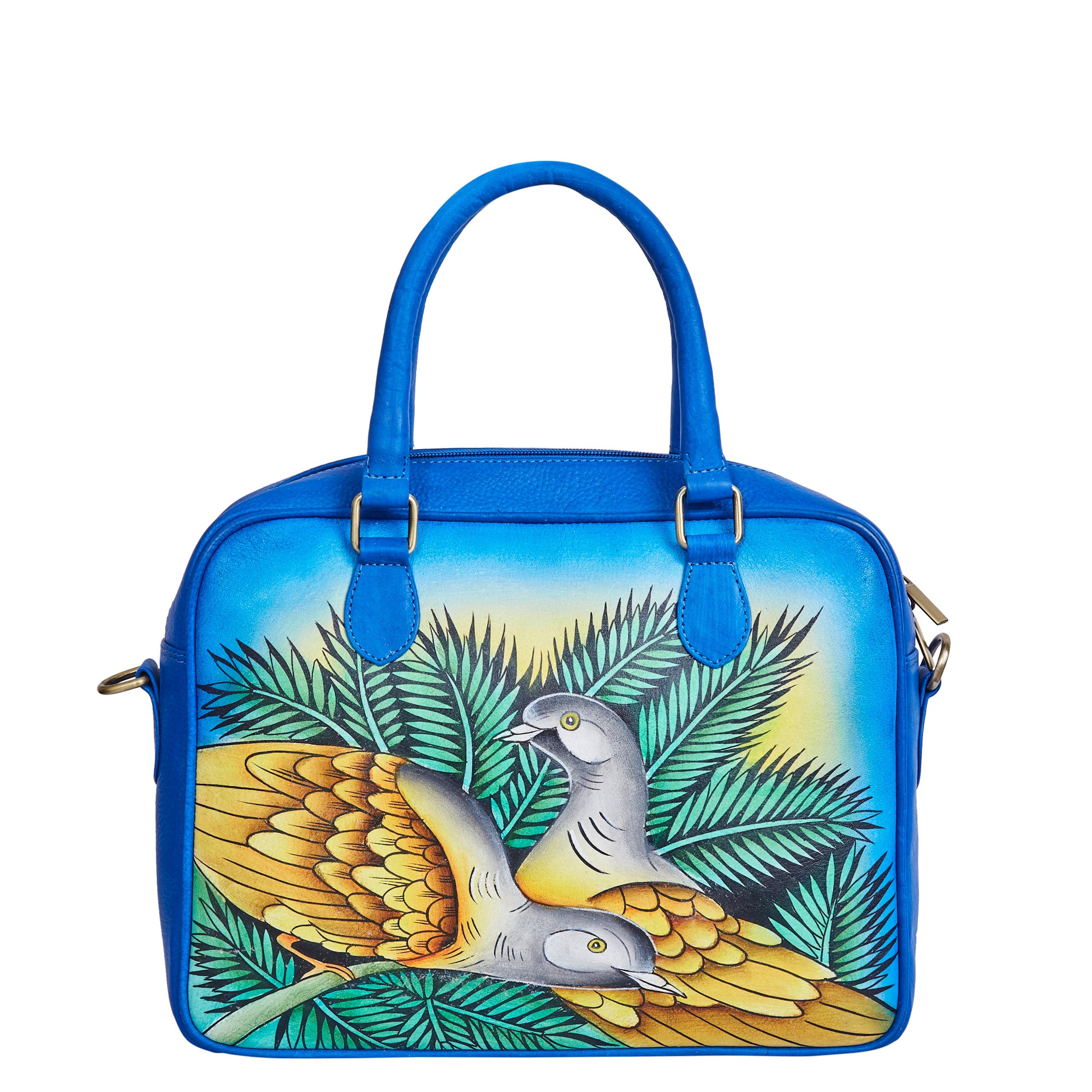 Sishka Hand-Painted Blue Women Leather Handbag – Elegant Bird & Leaf Design, Stylish & Spacious Crossbody Satchel with Removable Strap.