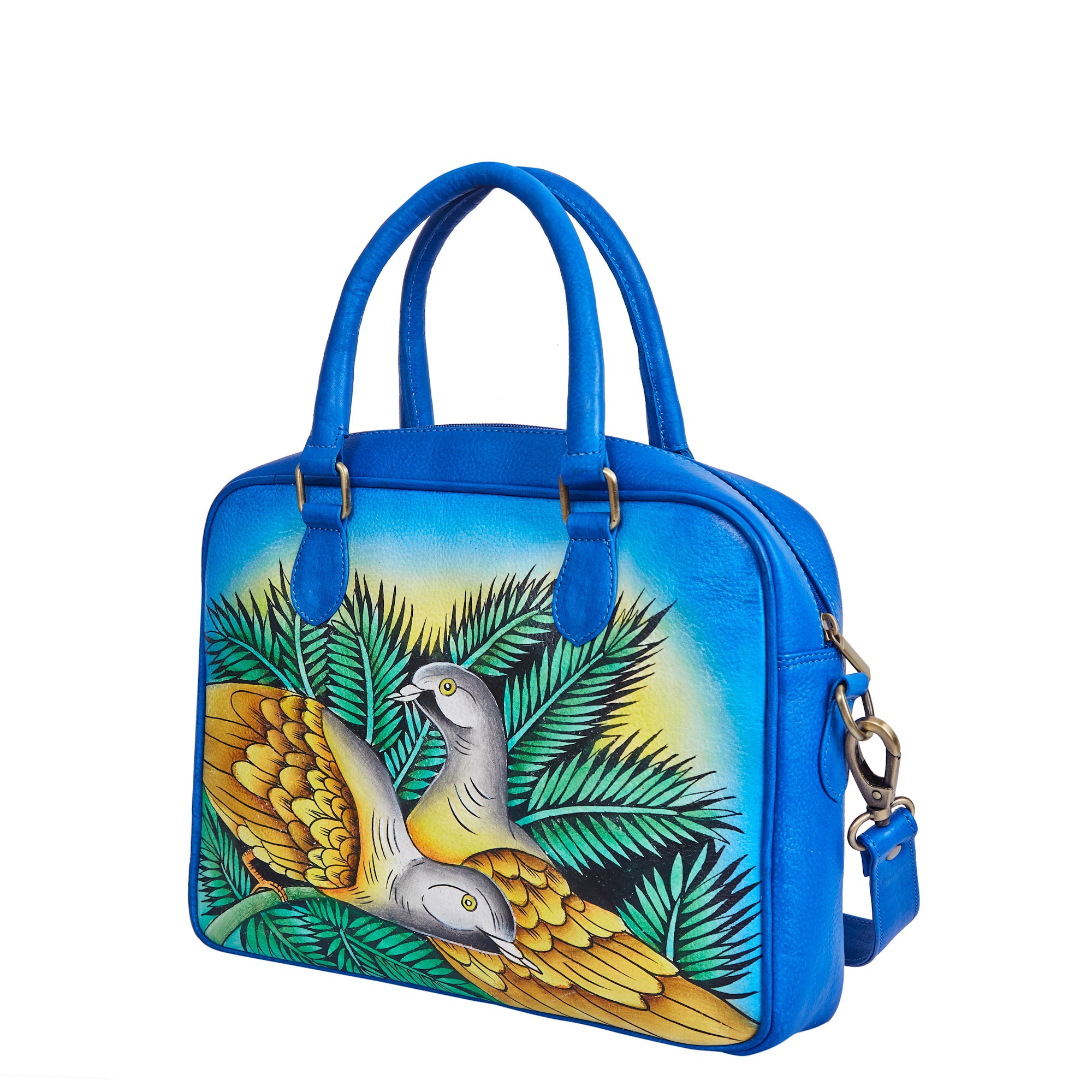Sishka Hand-Painted Blue Women Leather Handbag – Elegant Bird & Leaf Design, Stylish & Spacious Crossbody Satchel with Removable Strap.