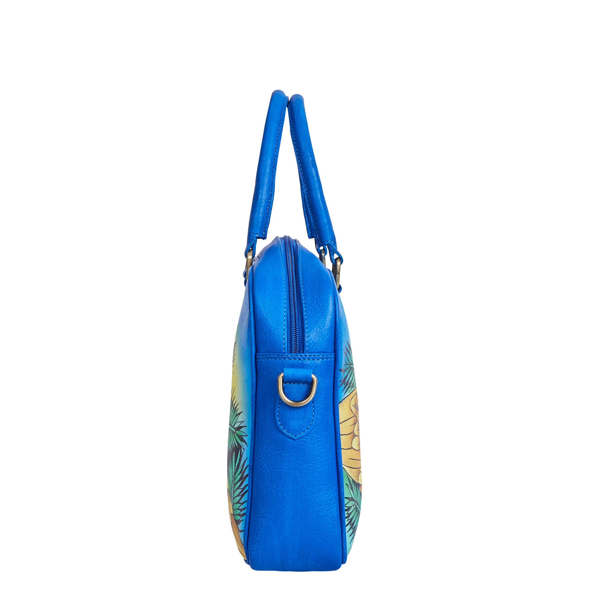 Sishka Hand-Painted Blue Women Leather Handbag – Elegant Bird & Leaf Design, Stylish & Spacious Crossbody Satchel with Removable Strap.