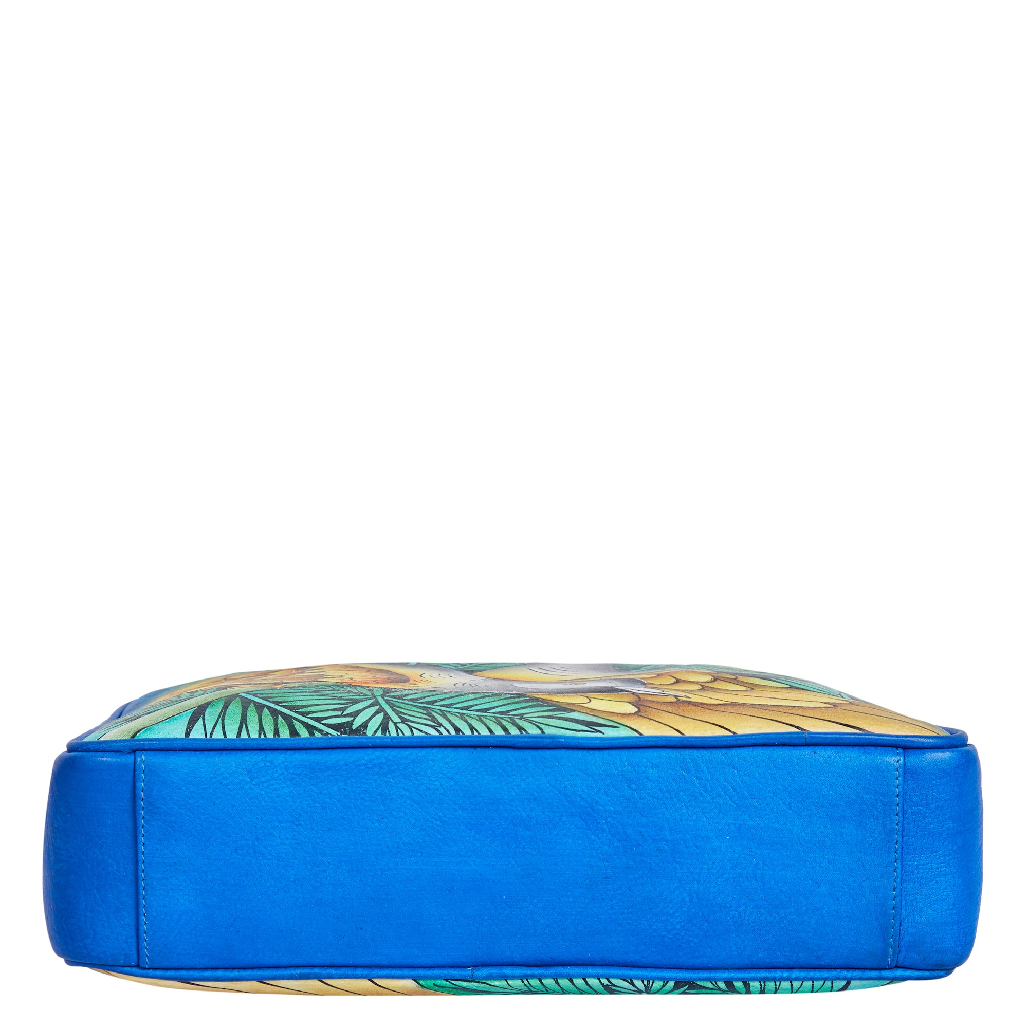 Sishka Hand-Painted Blue Women Leather Handbag – Elegant Bird & Leaf Design, Stylish & Spacious Crossbody Satchel with Removable Strap.